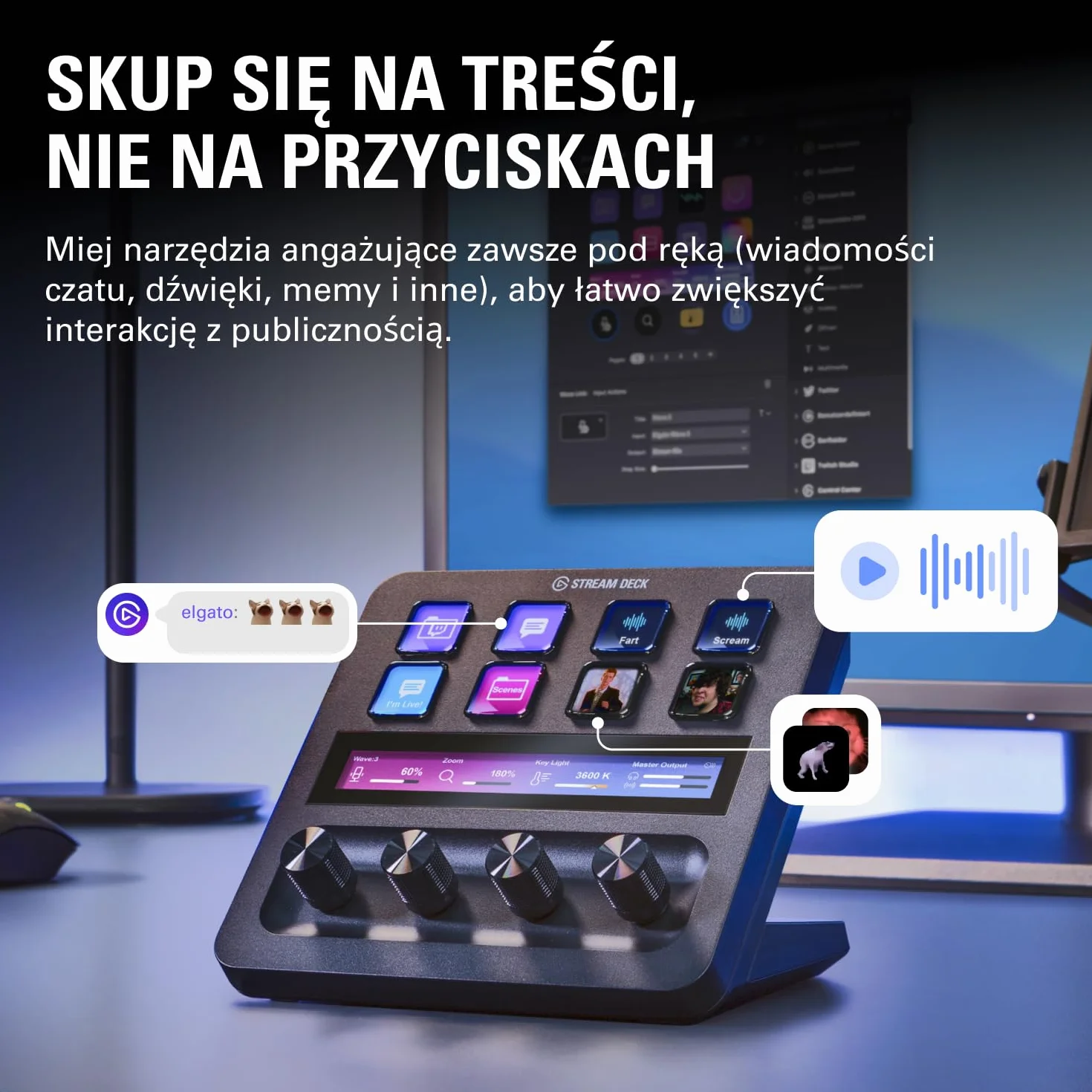 Elgato Stream Deck +, mikser audio, kontroler do produkcji na żywo i studyjny do tworzenia zawartości, transmisji i gier, pasek dotykowy, pokrętła i klawisze LCD z możliwością dostosowania, Mac i PC