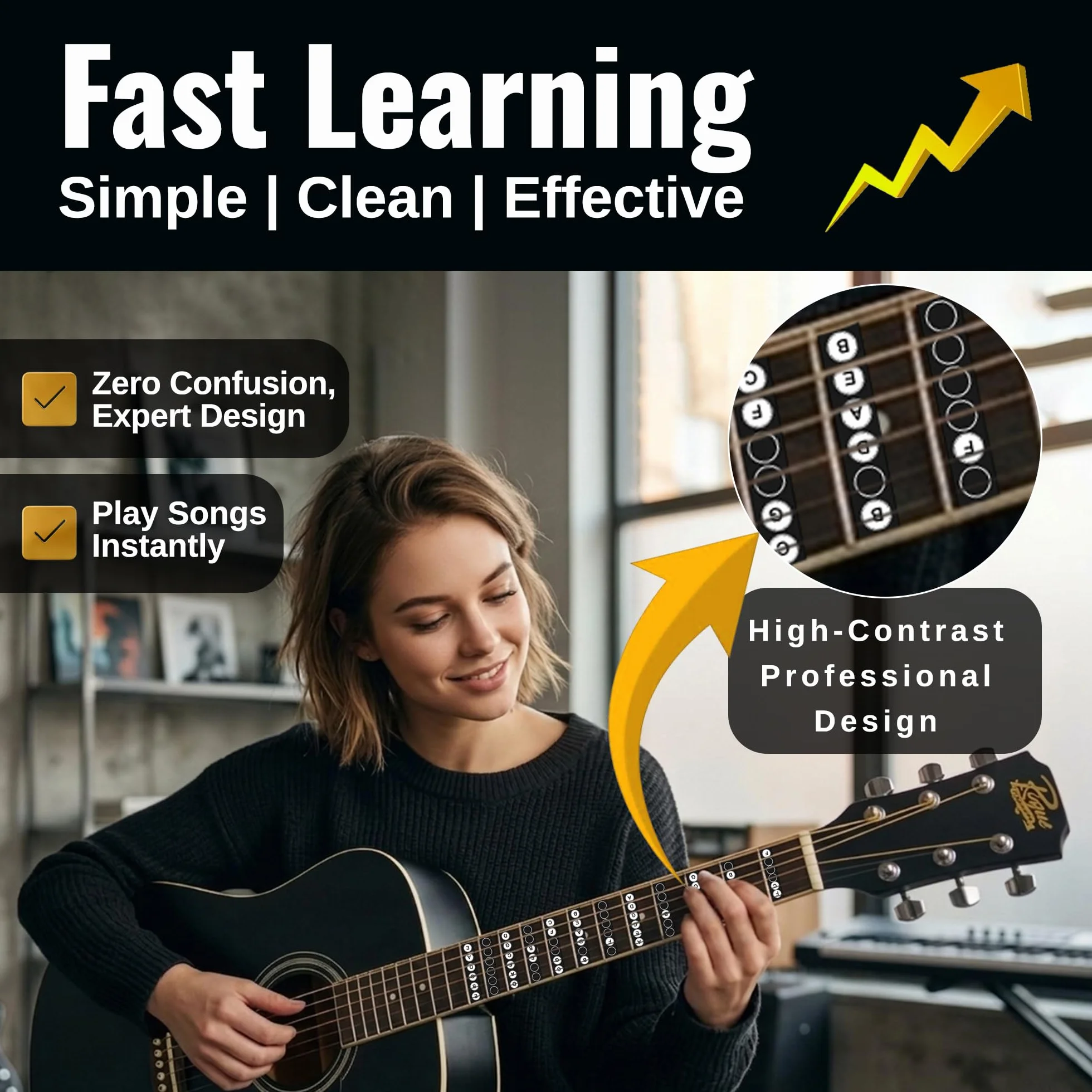 Naklejki na podstrunnicę gitarową, 2 szt., czarno-białe, zdejmowane, bez pozostałości, obejmują pierwsze 12 progów, łatwe etykiety do nauki do gitary akustycznej i elektrycznej, wyprodukowane w USA