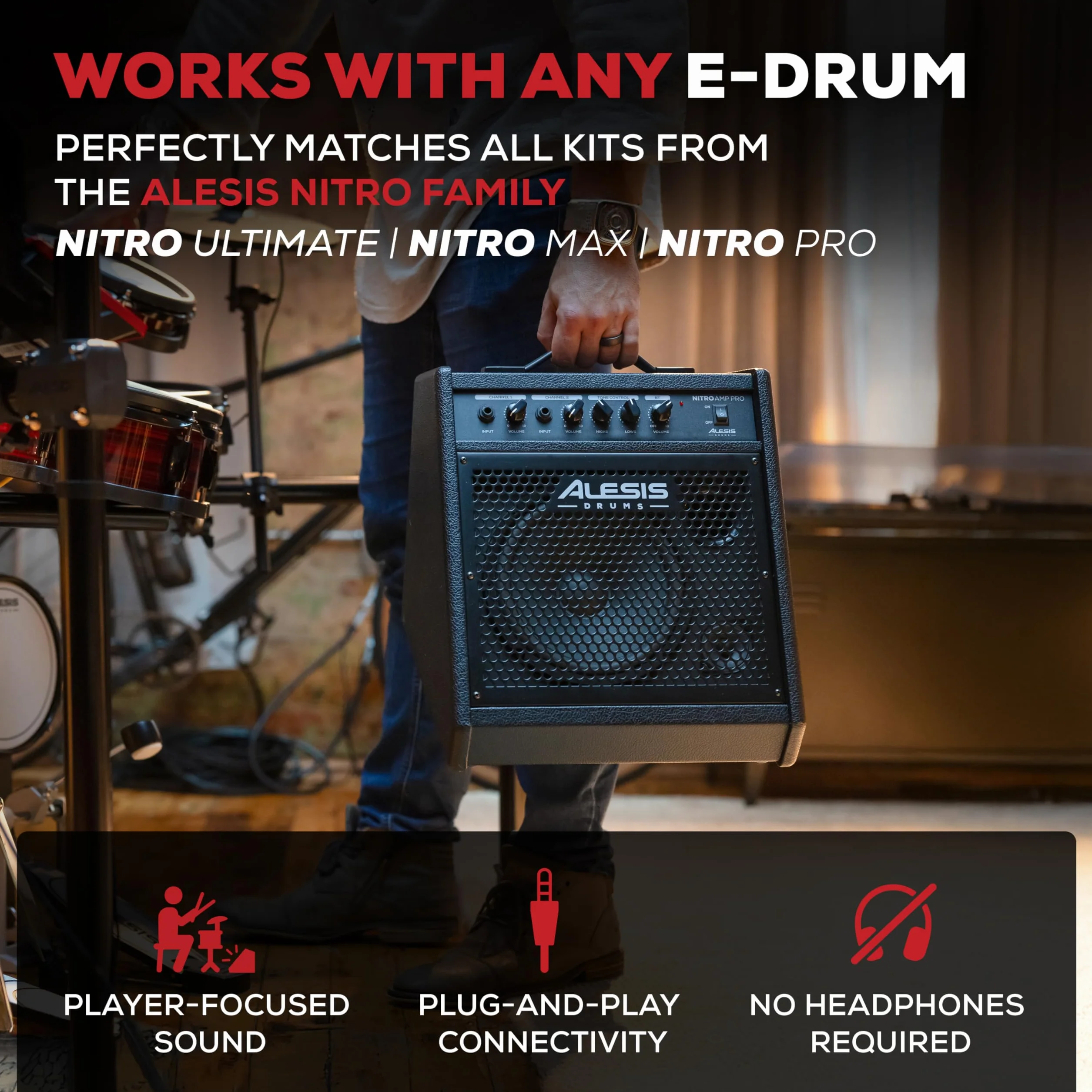 Alesis Nitro Amp Pro 80 W - Kompaktowy Głośnik Podłogowy do Perkusji Elektronicznej, z Bluetooth, Głośnikiem Niskotonowym 8″, EQ, Dodatkowym Wejściem Liniowym, Uniwersalna Kompatybilność zestawu E-Kit