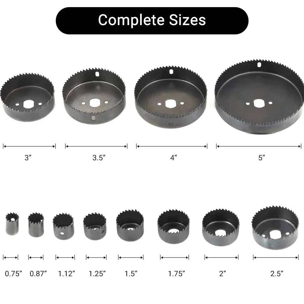 16-częściowy zestaw otwornic 19-127 mm w walizce z trzpieniami, płyta montażowa do drewna, płyty PCW, kartonowo-gipsowe i HSS wiertło centrujące