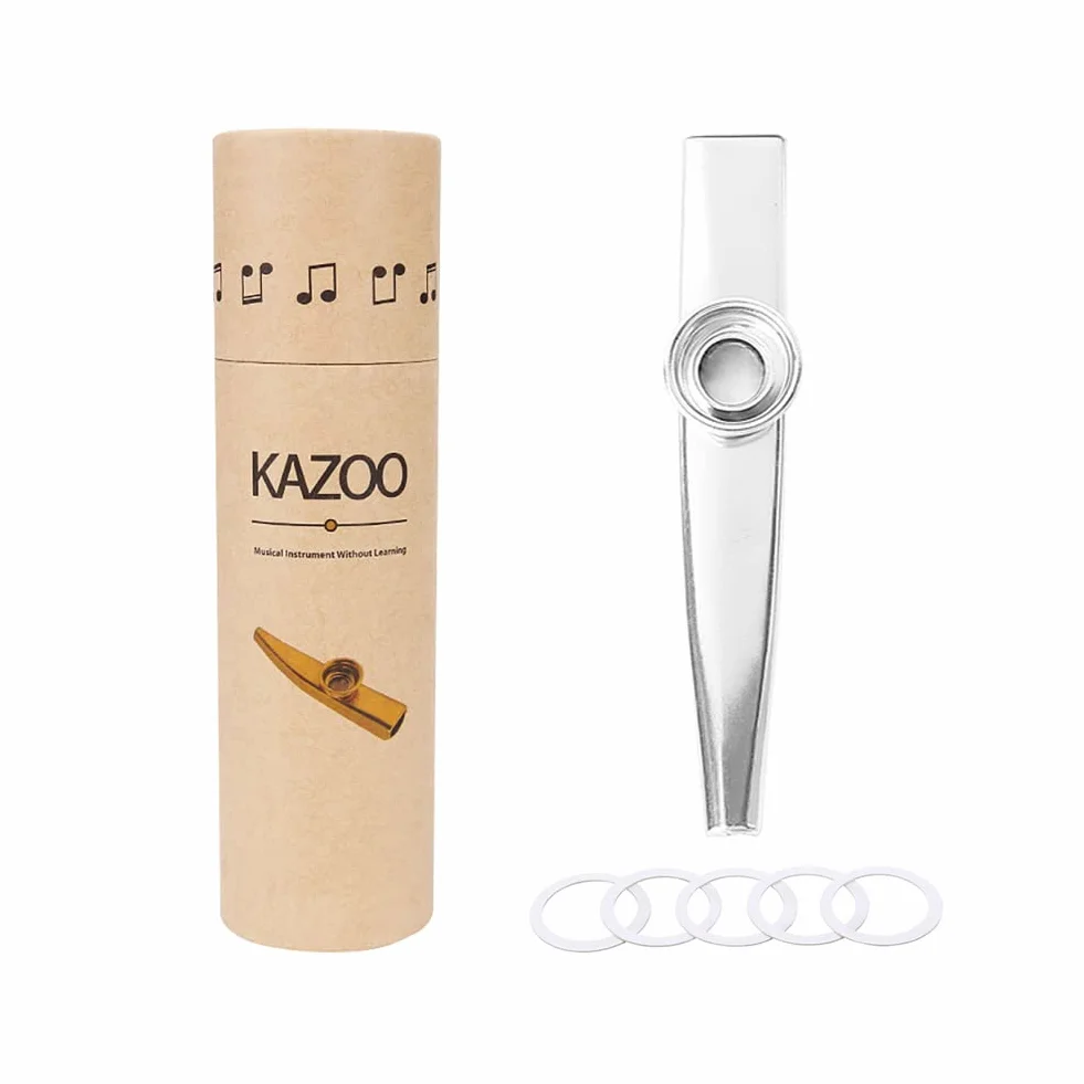 Alnicov kazoo metalowy, stop aluminium z 5 gwizdkami i ładnym pudełkiem na instrumenty muzyczne, ukulele, dla partnera gitary (srebrny)