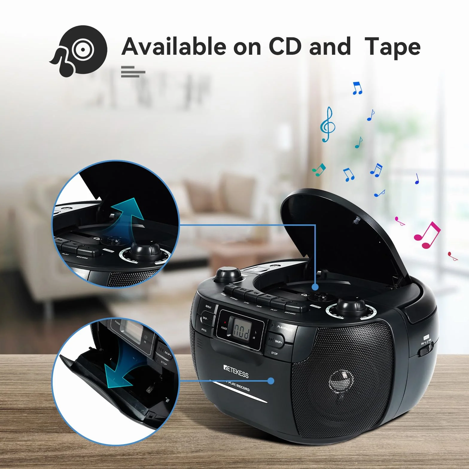 Retekess TR621 Przenośny Odtwarzacz CD Boombox Stereo z Radiem AM FM, Odtwarzacz Kasetowy, Magnetofon Kasetowy, Obsługa USB/TF/Słuchawek, z Pilotem (czarny)