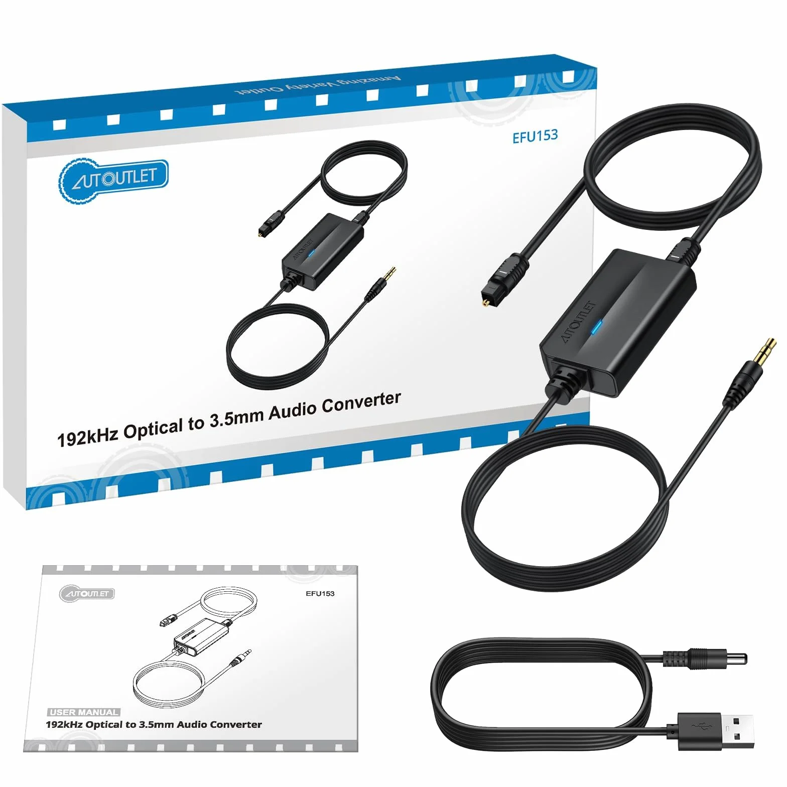 AUTOUTLET Konwerter DAC SPDIF 192 kHz na 3,5 mm, optyczny adapter audio Toslink cyfrowy na analogowy do telewizora HD, Blu-Ray, konsol do gier