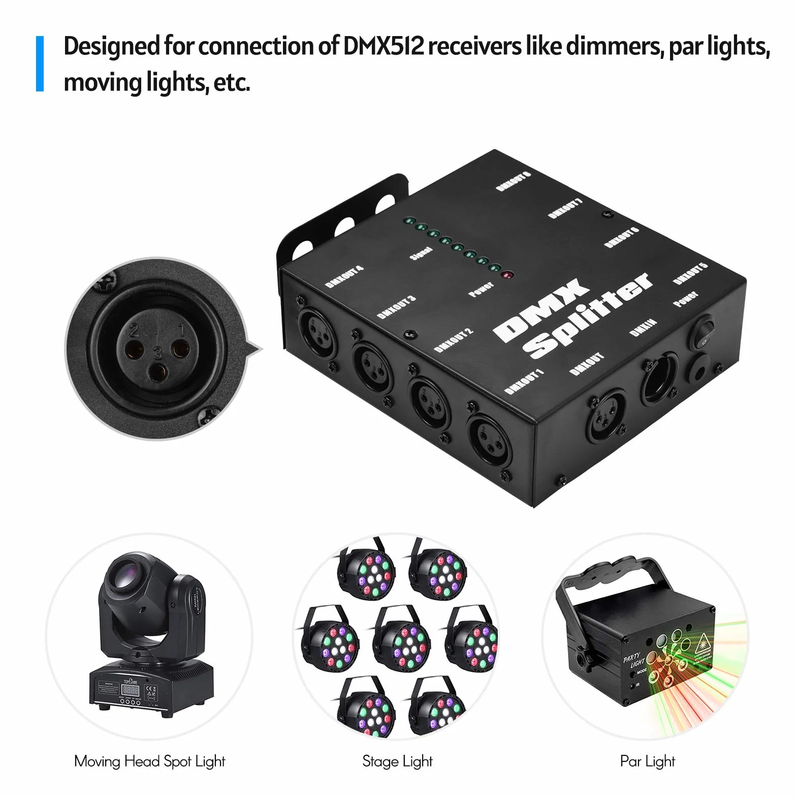 Rozdzielacz sygnału światła, KOCAN DMX512 Optyczny rozdzielacz sygnału dystrybutora 1 bezpośrednie wejście i wyjście 8 niezależnych wyjść do kontrolera oświetlenia Konsola sceniczna DJ Club D