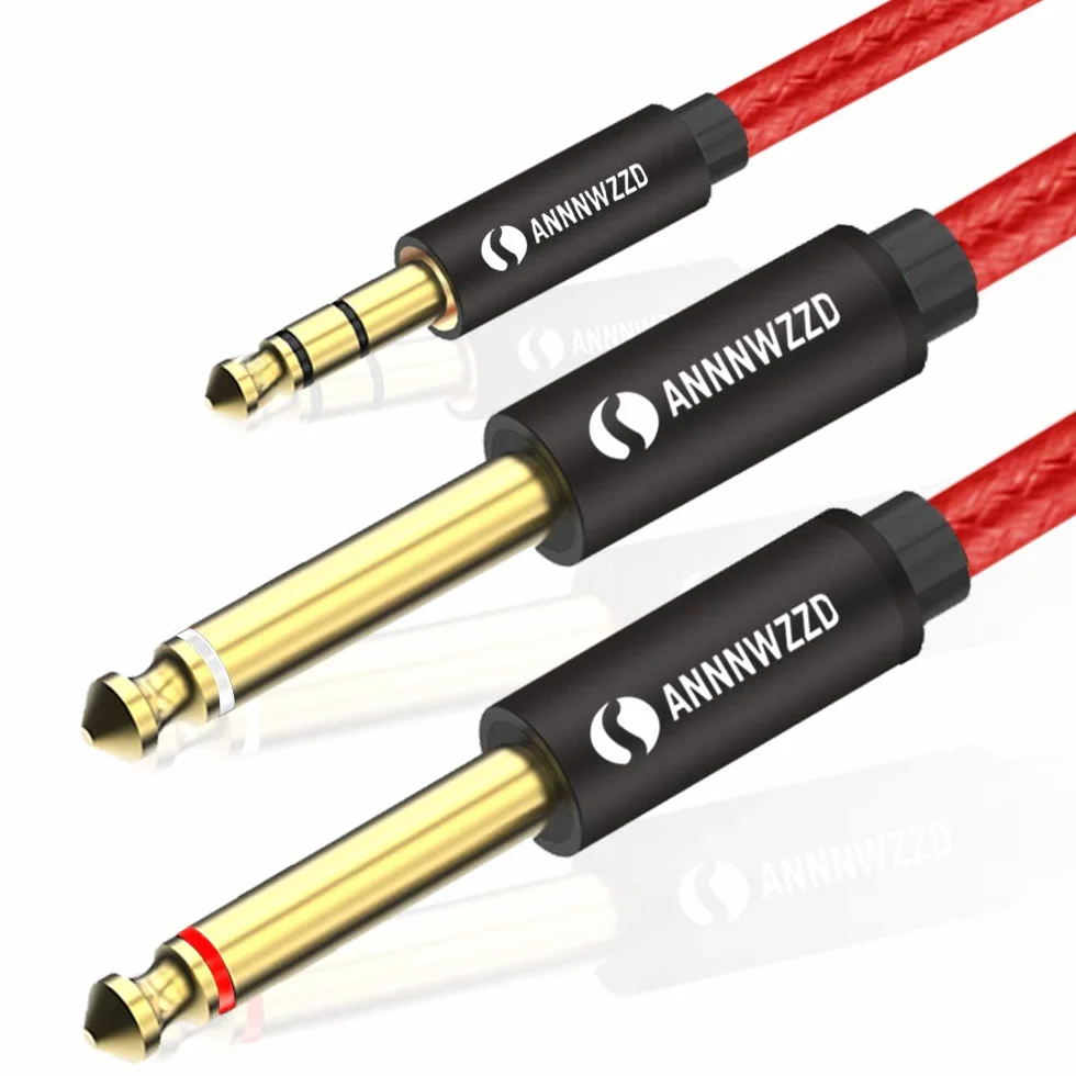 ANNNWZZD Kabel audio TRS na Dual 6,35 mm Mono Y audio, podwójna wtyczka jack 6,35 TS na 3,5 TRS kabel rozdzielający audio, kabel instrumentalny z plecionką nylonową do interfejsów cyfrowych (2 m)