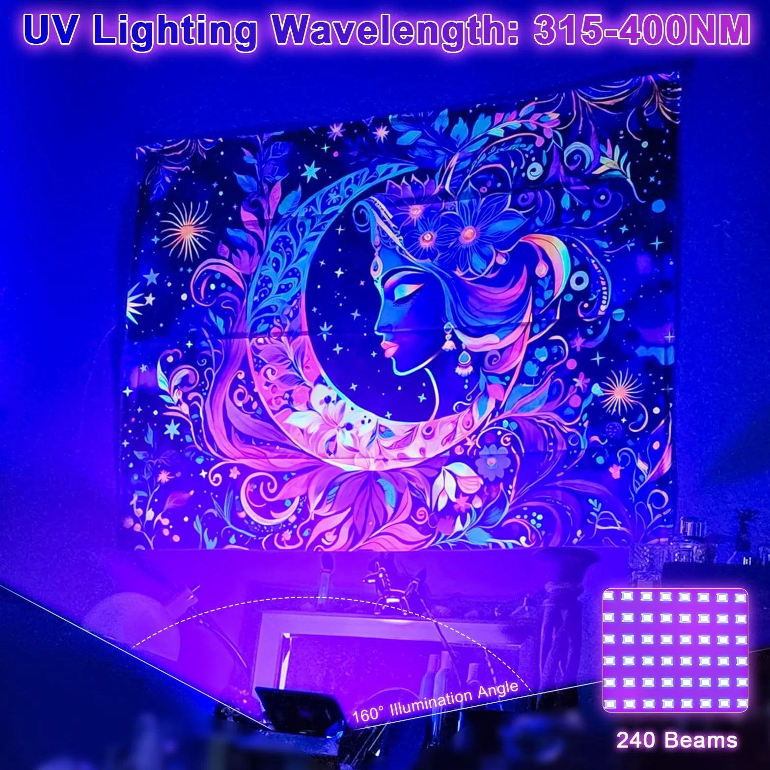 Reflektor UV CREATESTAR 100 W z 240 diodami LED i lampą grafenową UV o długości fali 315–400 nm, wodoodporny IP67, do efektów specjalnych, ochrony i imprez (1 szt.)