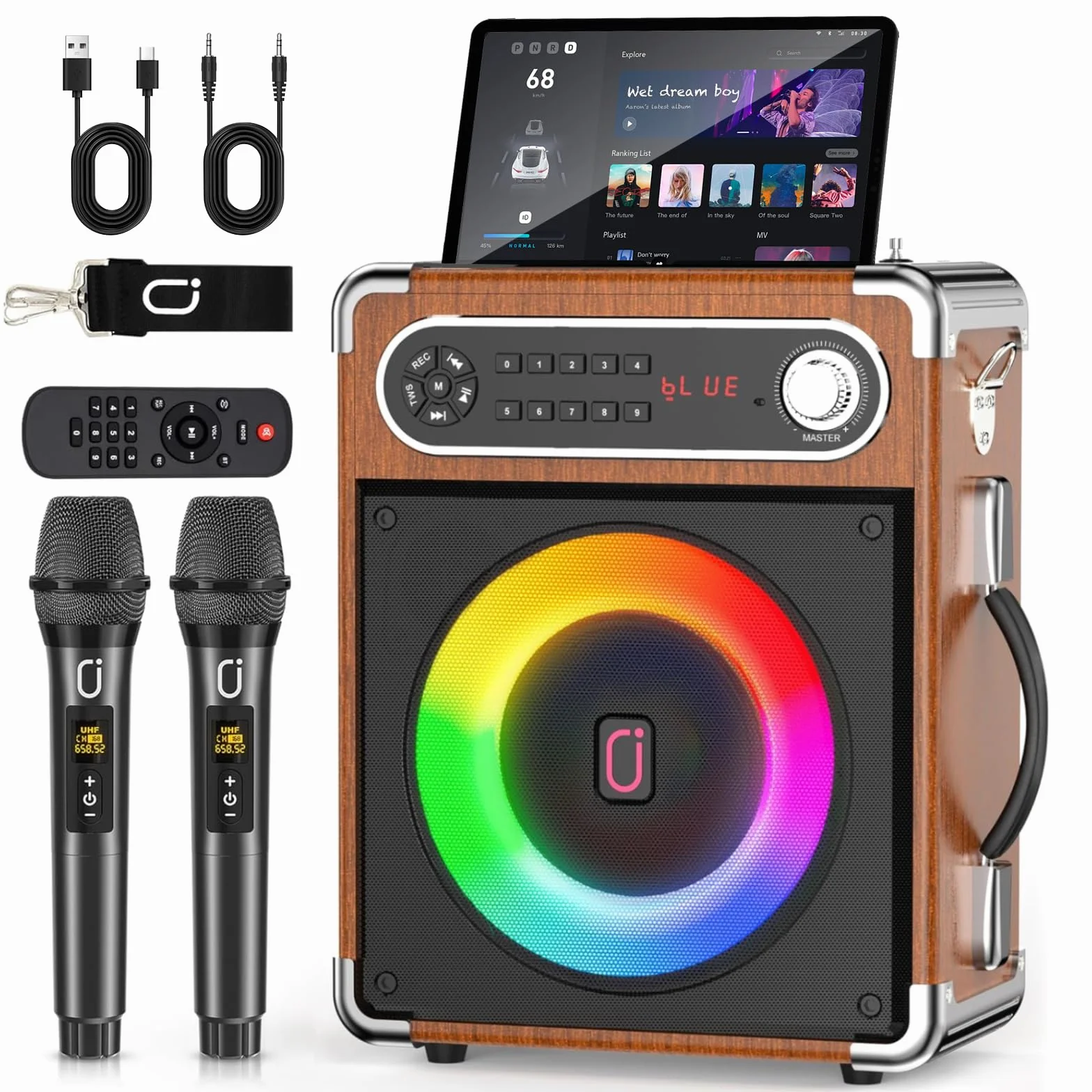 JYX Maszyna do karaoke z 2 mikrofonami bezprzewodowymi UHF, regulacją tonów niskich i wysokich oraz oświetleniem LED, obsługą TWS, wejściem AUX, FM, REC, zasilaniem na imprezy/dla dorosłych/dzieci