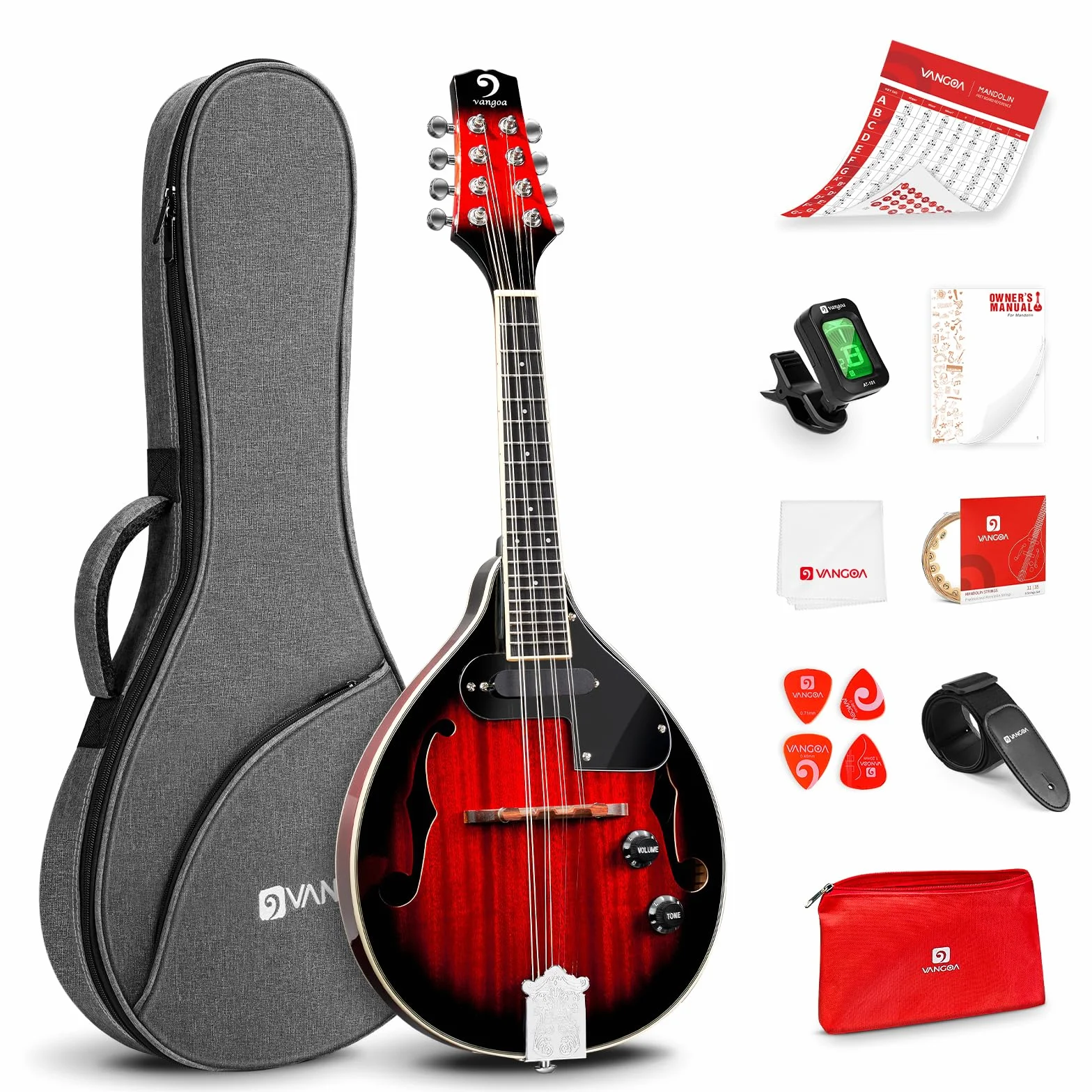 Vangoa AStyle Mandolina Instrument muzyczny mahoń Mandolina elektryczna 8 strun dla początkujących Red Sunburst
