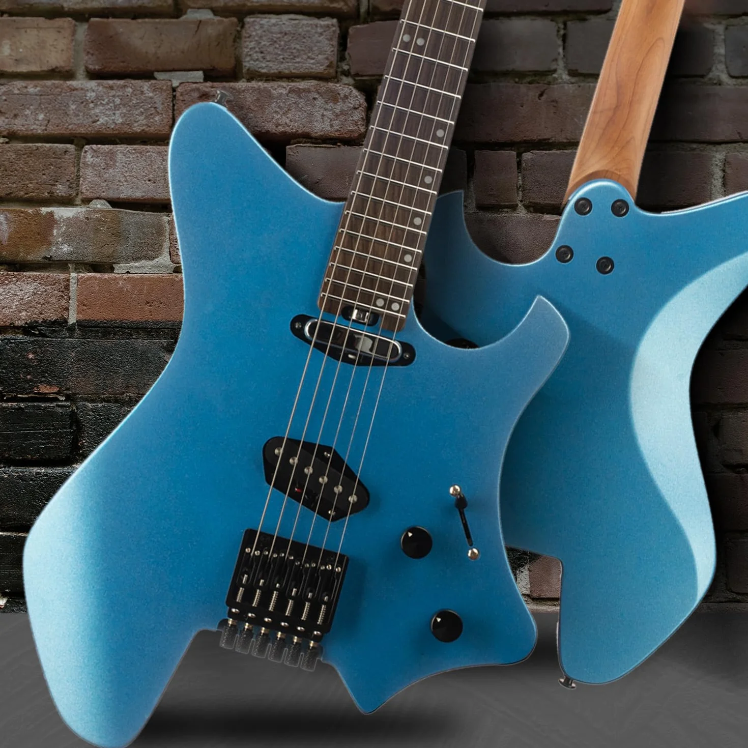 EART GW2T-SE Gitara elektryczna bezgłowowa z w pełni regulowanym stałym systemem mostka, progi Medium Jumbo ze stali nierdzewnej z zaokrąglonymi końcami (niebieska)