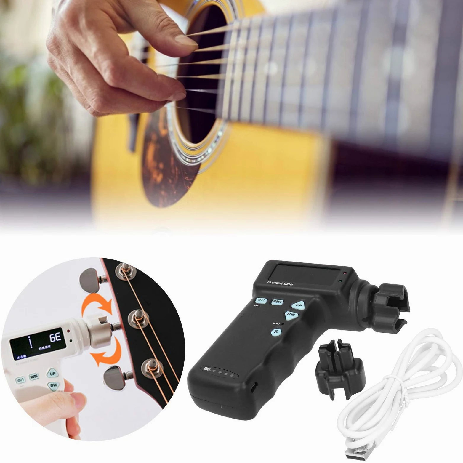 Drfeify Inteligentny tuner gitarowy, inteligentny tuner gitarowy, automatyczne ukulele z kablem USB, akcesoria do instrumentów muzycznych (czarny) akcesoria ogólne do gitary