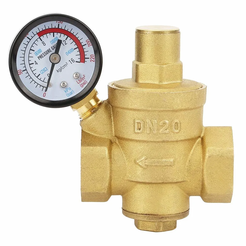 Zawór zmniejszający ciśnienie, DN20 3/4" mosiężny zawór zmniejszający ciśnienie wody 3/4" regulowany regulator ciśnienia wody gwint zaworu z miernikiem manometru