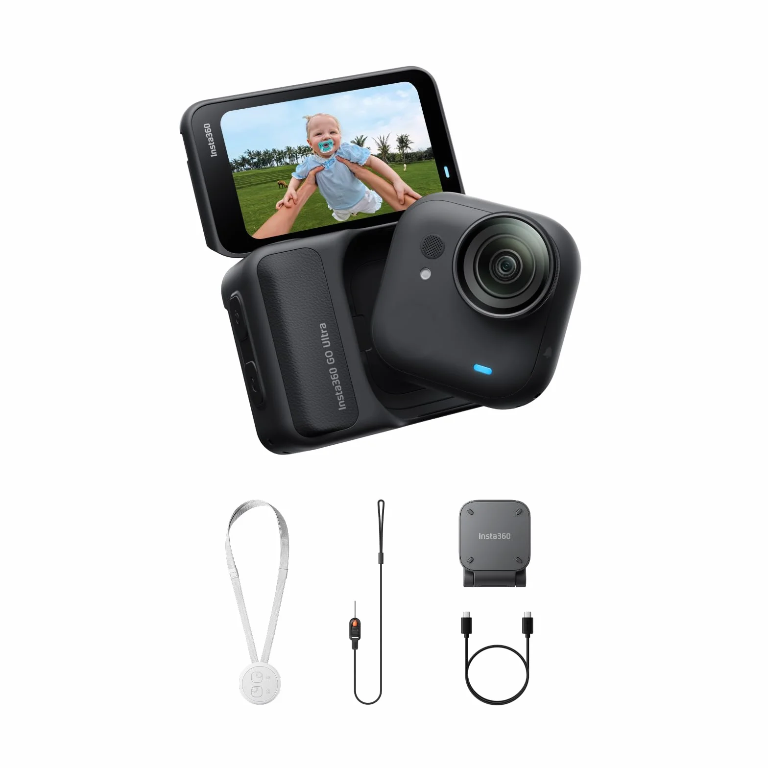 Insta360 GO Ultra Standard Bundle Midnight Black – mała kamera 4K, lekka i przenośna, doskonałość przy słabym oświetleniu, montaż w dowolnym miejscu, stabilizacja FlowState, żywotność baterii 200 min