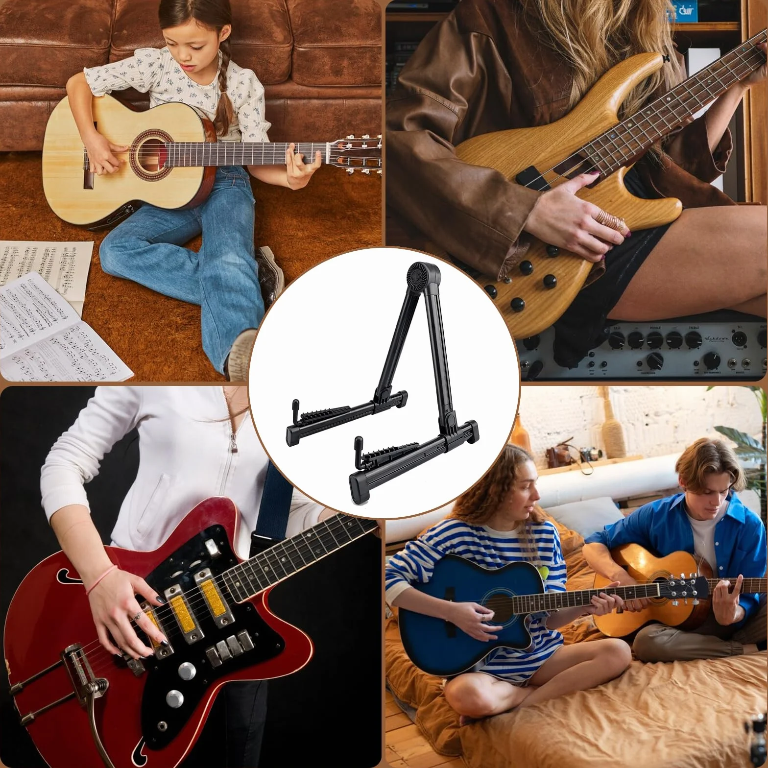 Uniwersalny stojak na gitarę, składany i przenośny, odpowiedni dla gitary akustycznej, elektrycznej, basowej i ukulele, stabilny i trwały, idealny do gitar elektrycznych i klasycznych