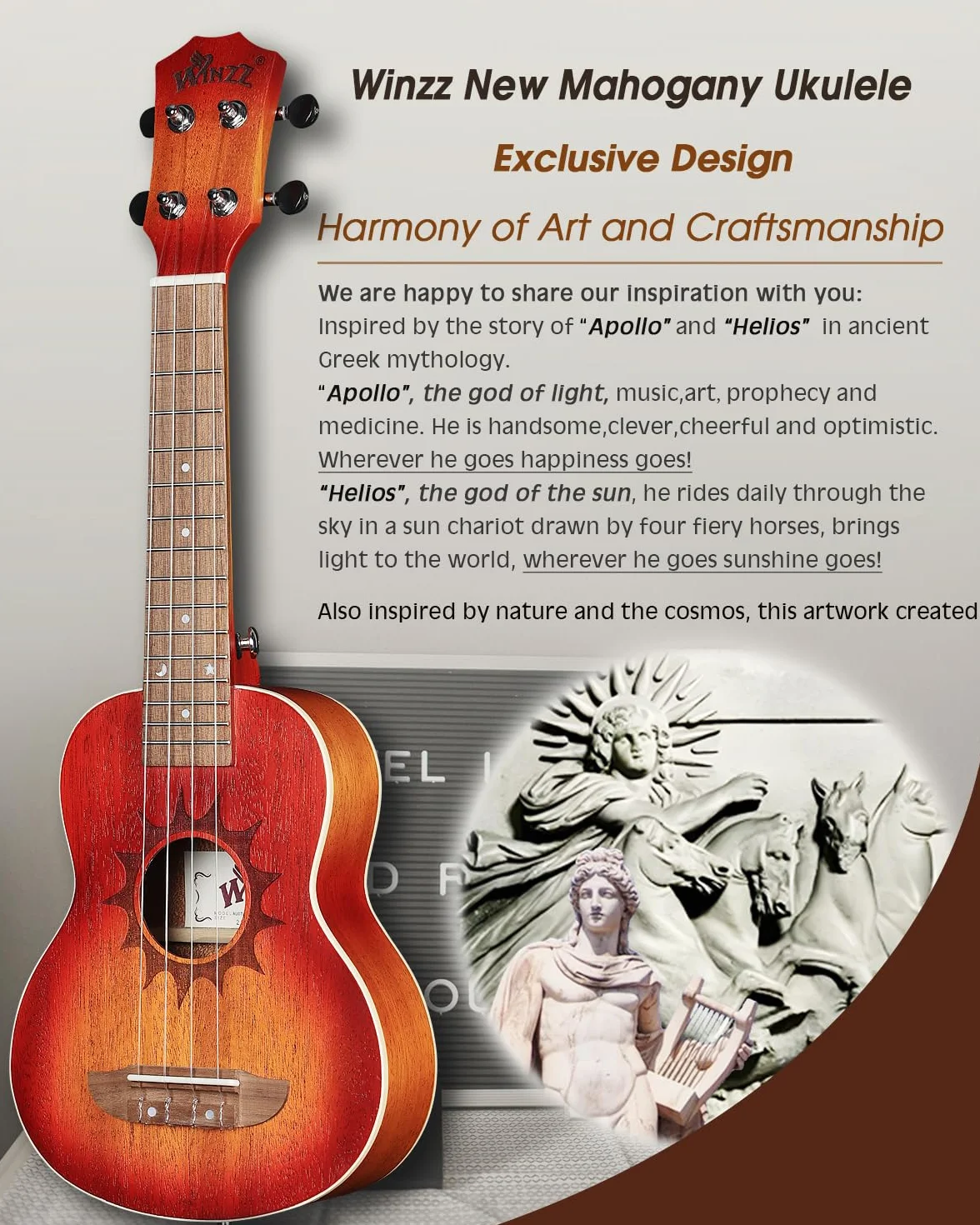 Winzz Ukulele sopranowe dla dorosłych i dzieci - 53 cm mahoń, struny węglowe, matowy sunburst