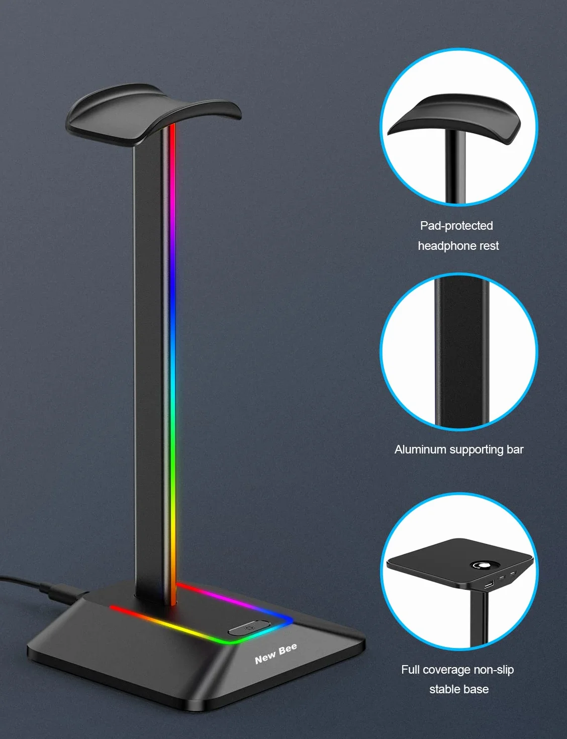 New Bee Stojak RGB na Słuchawki z Ładowarkami USB Typu C i Transmisją Danych - Uniwersalny Uchwyt do Słuchawek Gamingowych (Czarny)