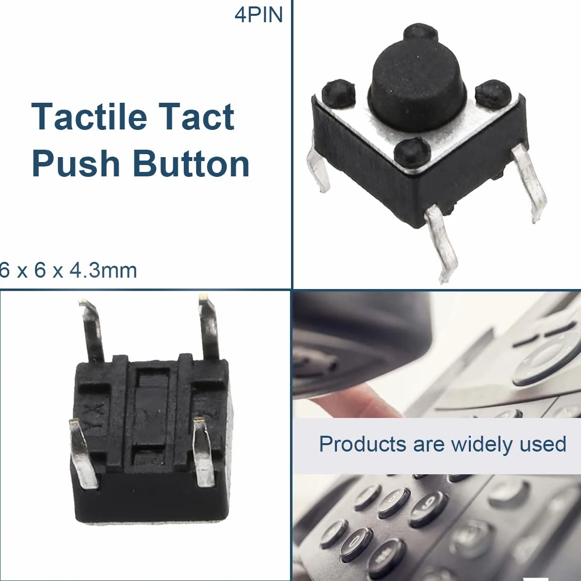 4-pinowy przełącznik taktowy, mikroprzełącznik o wymiarach 6 x 6 x 4,3 mm, chwilowy do paneli i płyt PCB (100 sztuk)