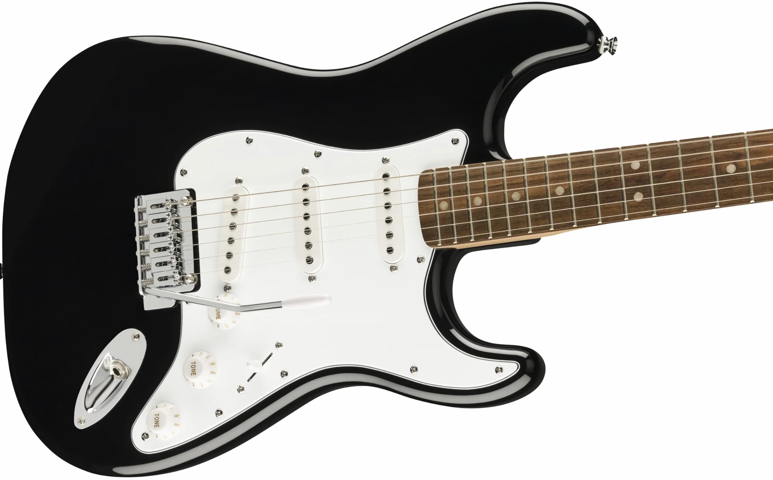Squier by Fender Affinity Series™ Stratocaster® gitara elektryczna i mikropakiet Mustang™ w kolorze czarnym. Zawiera torbę na koncert, pasek, słuchawki, kostki i bezpłatną 3-miesięczną subskrypcję
