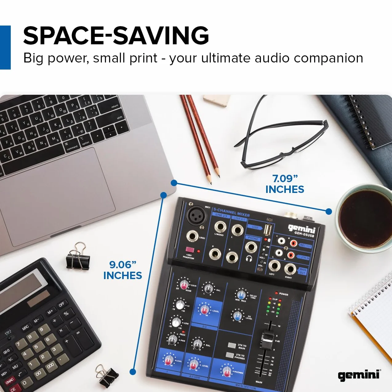 Gemini Sound Gem-05USB – kompaktowy 5-kanałowy mikser analogowy zawierający kanał mikrofonowy o niskim poziomie szumów, 2-pasmowy korektor, odtwarzanie USB z urządzeń USB i strumieniowanie Bluetooth