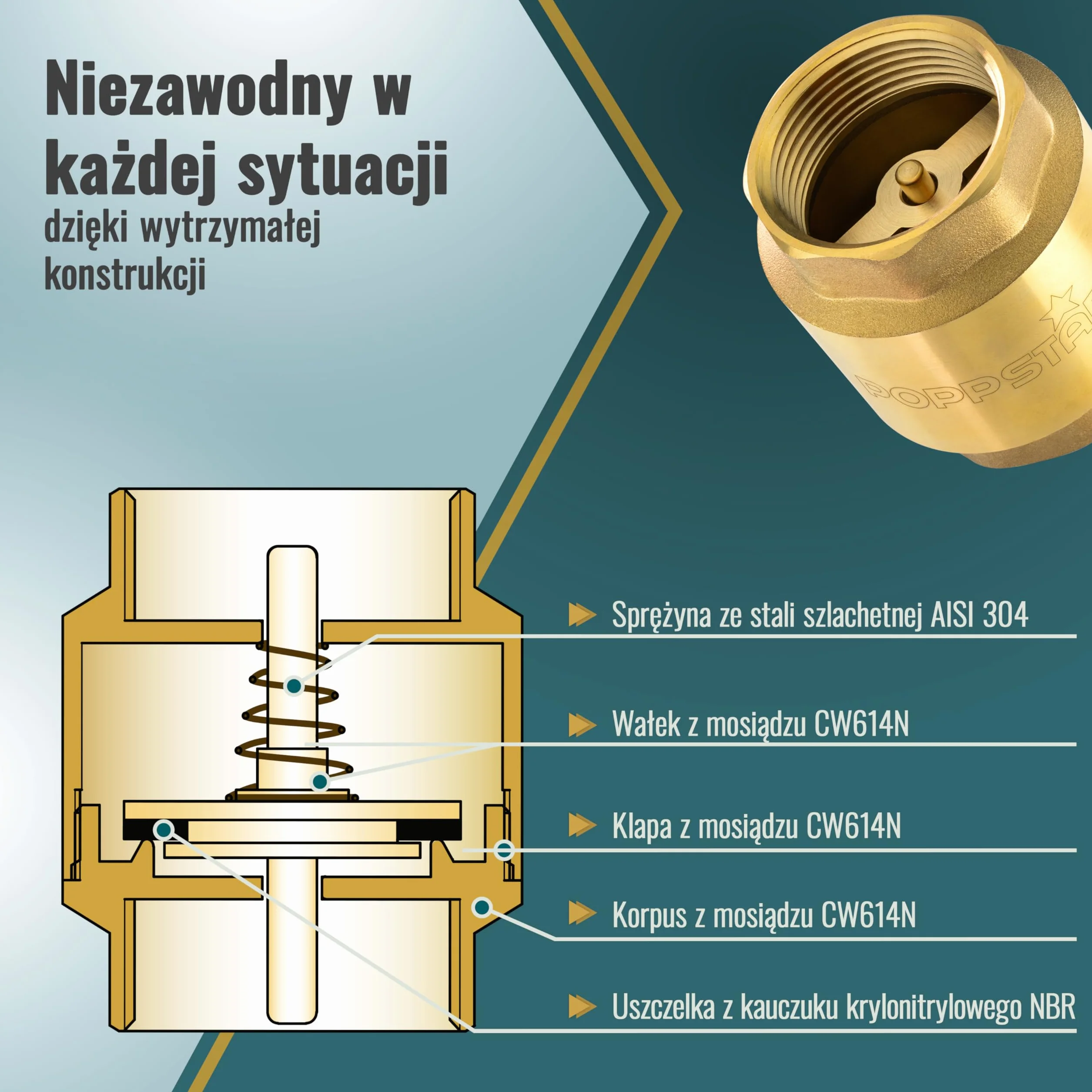 Poppstar zawór zwrotny 1 1/4 cala (mosiężny, nierdzewny i wodoodporny) do pompy lub pralki