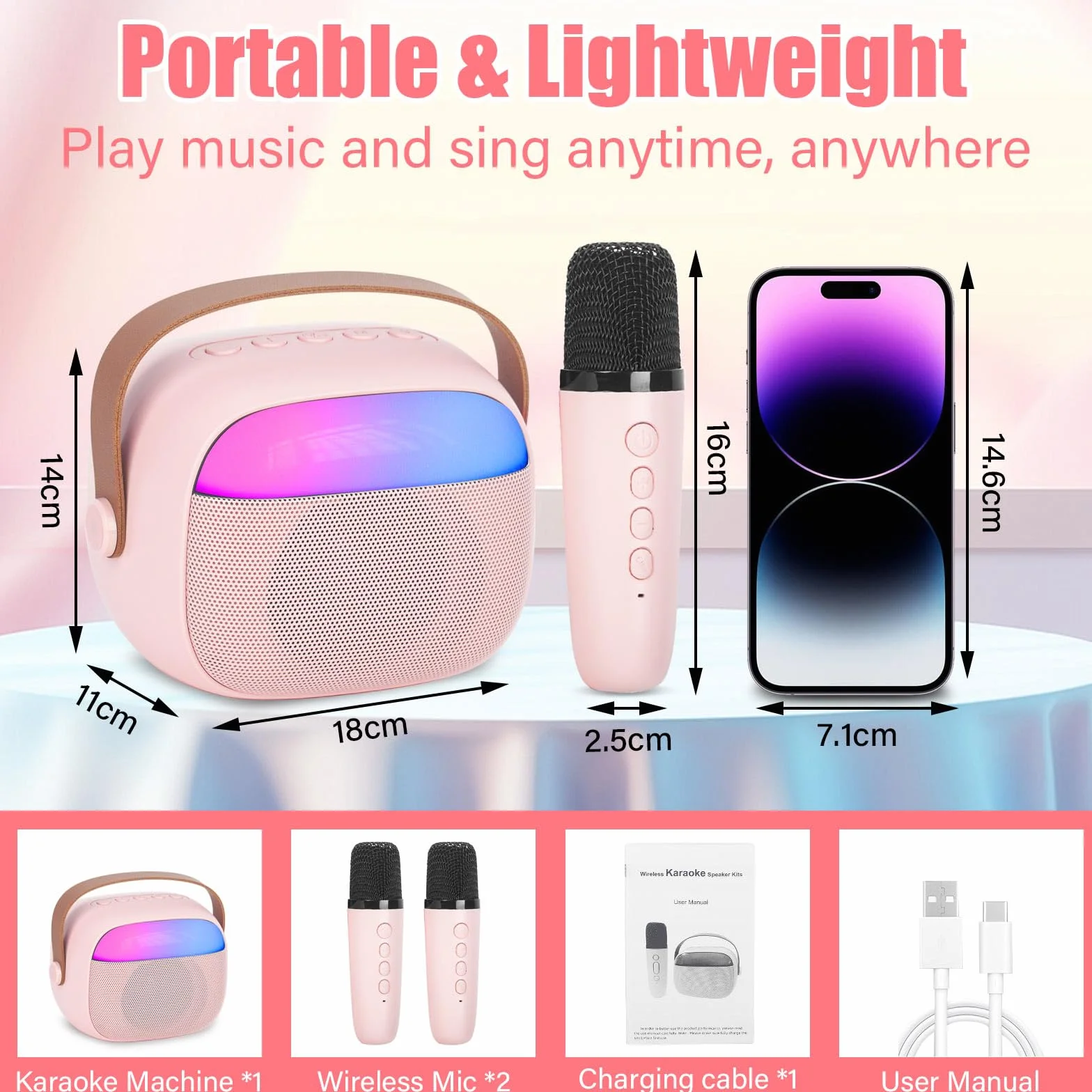 Karaoke dla dzieci i dorosłych z 2 mikrofonami bezprzewodowymi Bluetooth, przenośna maszyna do karaoke ze światłem LED i efektami zmiany głosu, prezenty dla dzieci w wieku od 3 do 18 lat, chłopców i