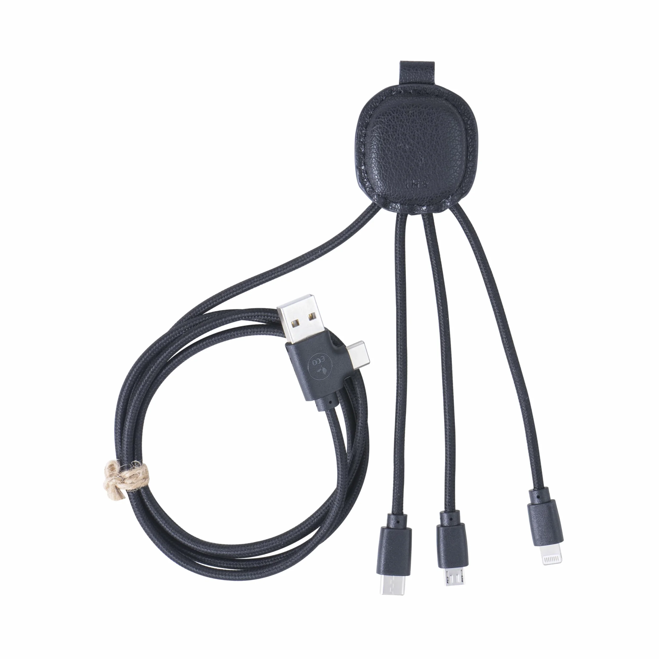Xoopar Kabel Multi USB 4 w 1 USB-C, USB, Lightning, Micro USB - Iné Smart Long 1m - Skórzana funkcja NFC z recyklingu do ładowania smartfonów iPhone, Samsung, Huawei, Xiaomi, LG, czarny