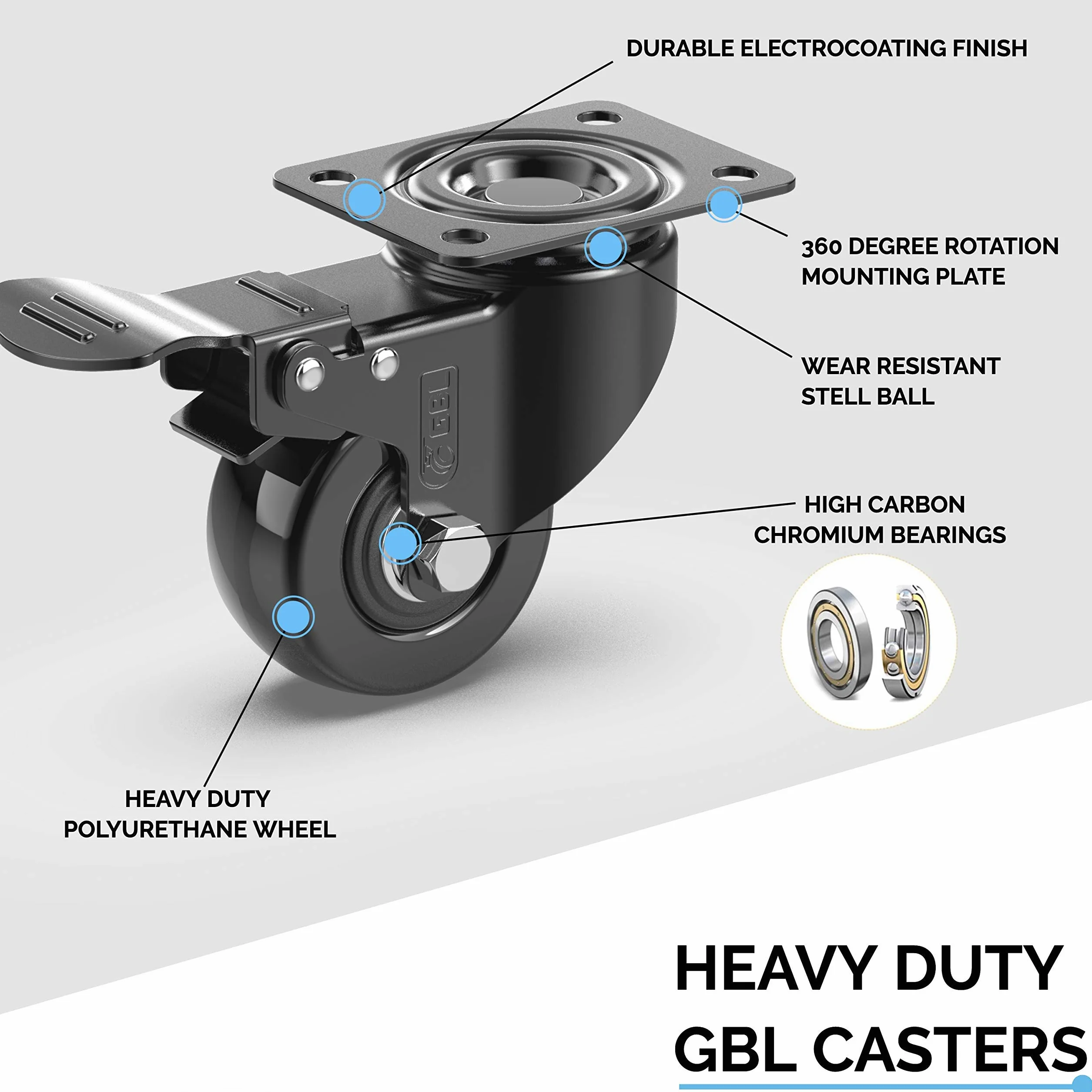 GBL Wytrzymałe kółka rolkowe z hamulcami i śrubami, 50 mm, do 200 kg, zestaw 4 szt., nie pozostawiają śladów na podłodze, ciche, do mebli, kółka do wózków, pokryte gumą, czarne