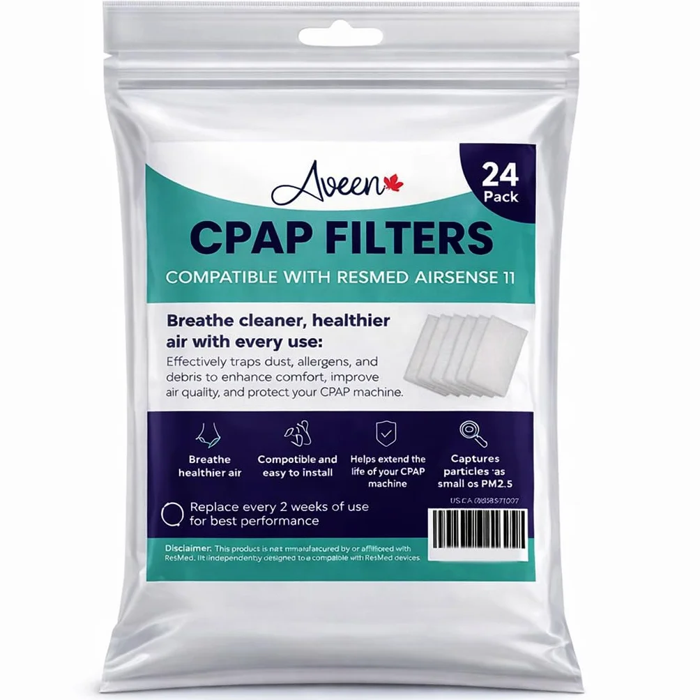 24 filtry maszynowe CPAP, kompatybilne z AirSense 11. Popraw swoje wrażenia z CPAP dzięki tym wysokiej jakości akcesoriom CPAP. Niezbędne akcesorium CPAP.