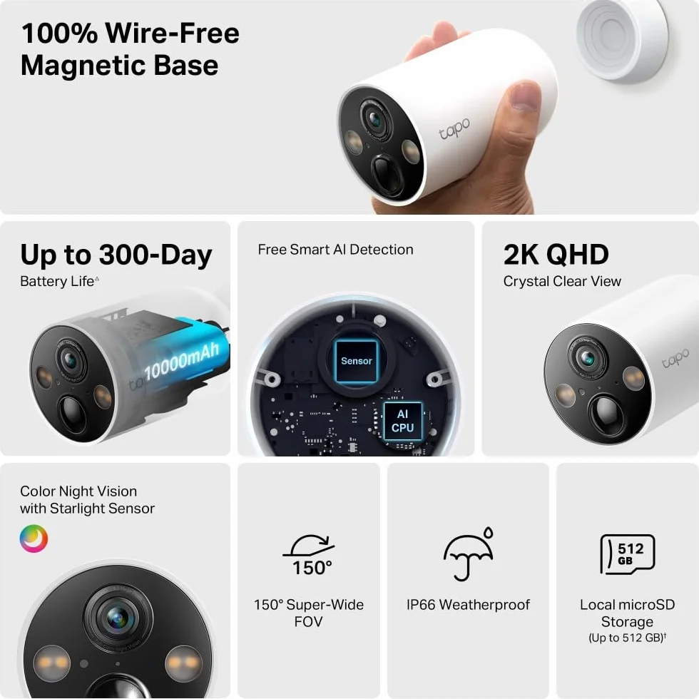 TP-Link Tapo C425 | Kamera zewnętrzna Wi-Fi 2K QHD na baterie | Kolorowy tryb nocny | AI detekcja | Obsługa przez stację H200 | Kompatybilna z Alexa i Google Home