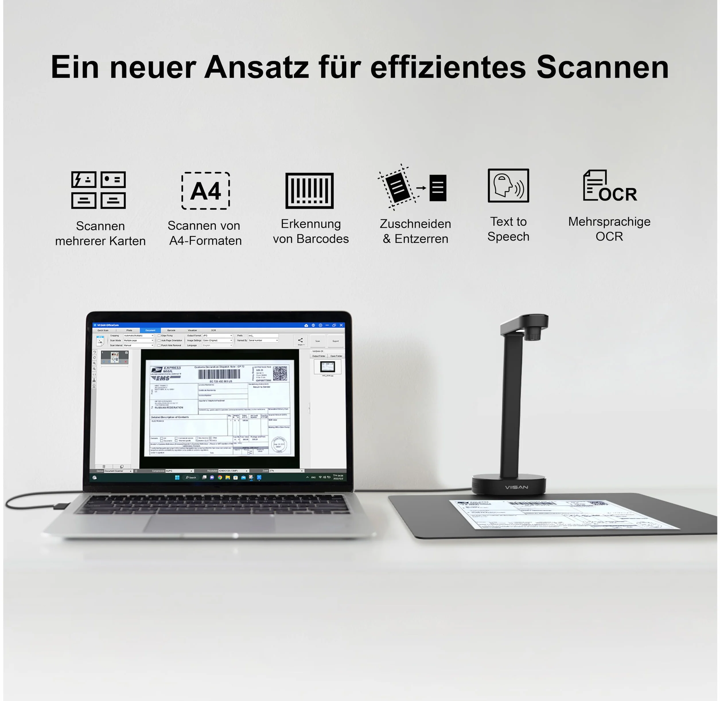 VIISAN skaner dokumentów, 16MP USB przenośny, rozmiar skanowania A4, korekcja skrętu, skanowanie wielostronicowych dokumentów, technologia OCR i TTS, działa z Windows i MacOS
