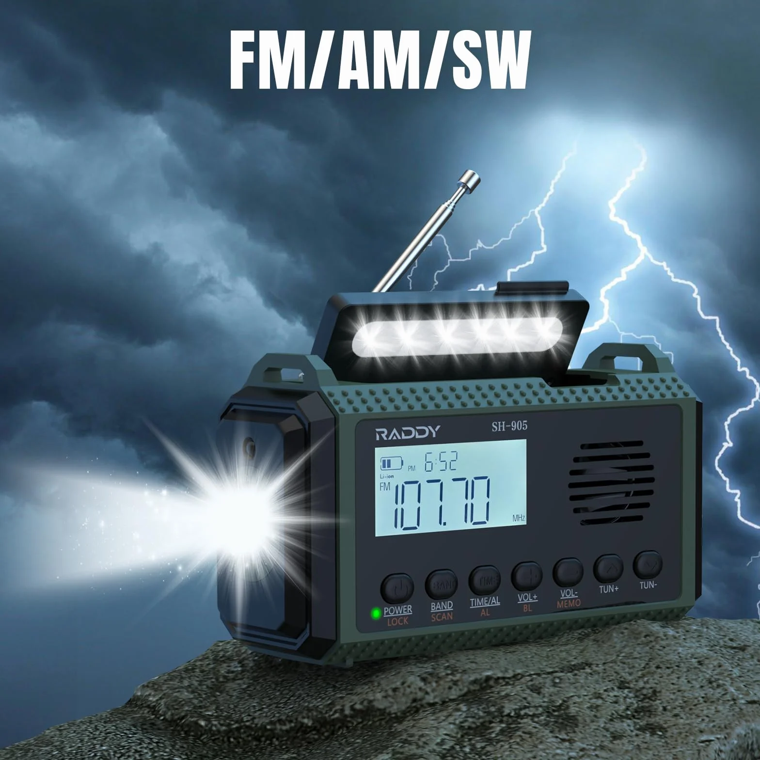 Raddy SH-905 Radio korbowe, pojemność 10000 mAh, SW/AM/FM, solarne radio awaryjne, przenośne, krótkofalowe, z latarką, lampką do czytania, SOS w przypadku awarii zasilania, do survivalu, na kemping