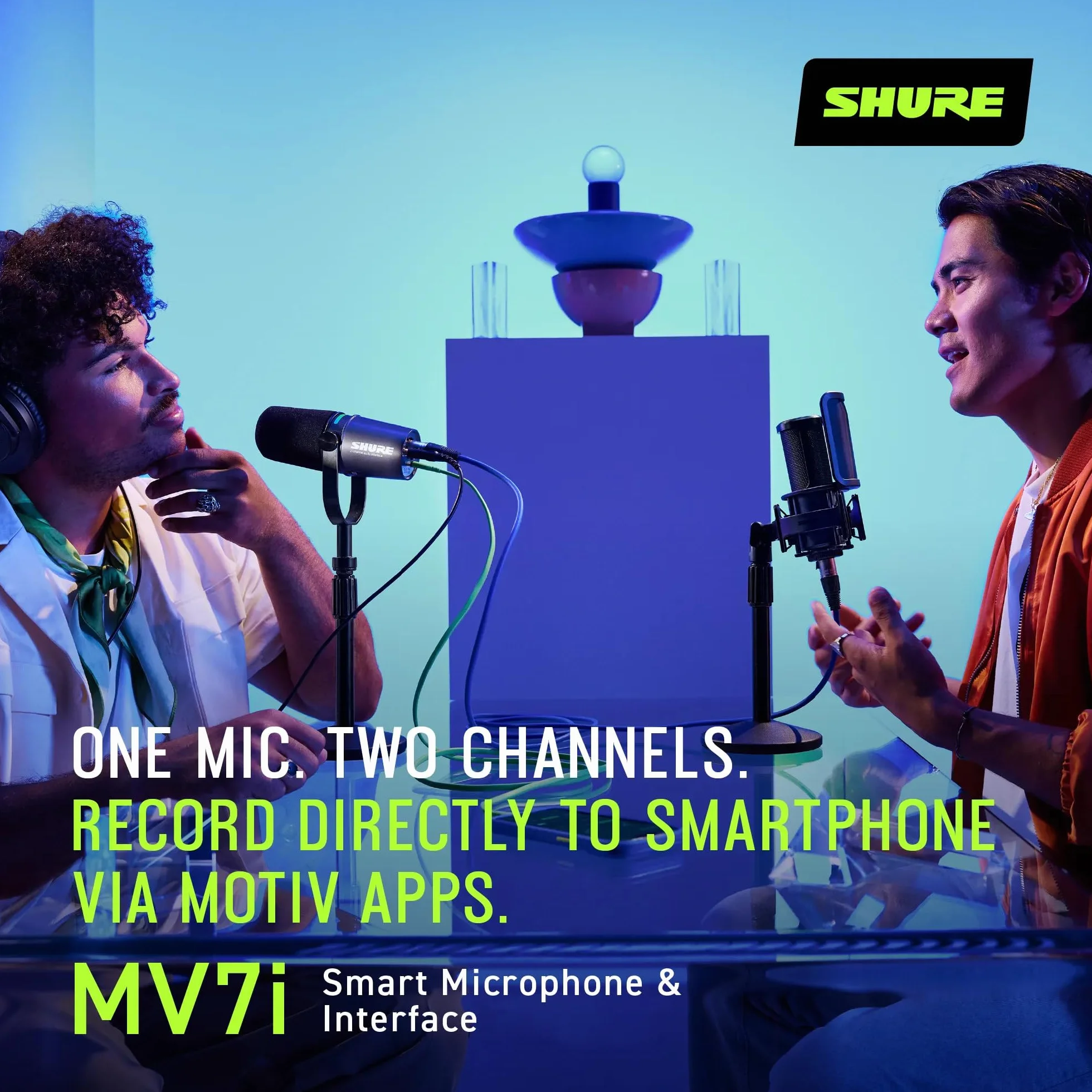 Shure Mikrofon MV7i Smart Podcast + Wbudowany Interfejs Audio – Zestaw Sprzętu z 2 Kanałami dla Podwójnych Mikrofonów XLR lub Mikrofon + Instrumenty XLR - Bezpośrednie Połączenie USB-C z PC/Telefonem