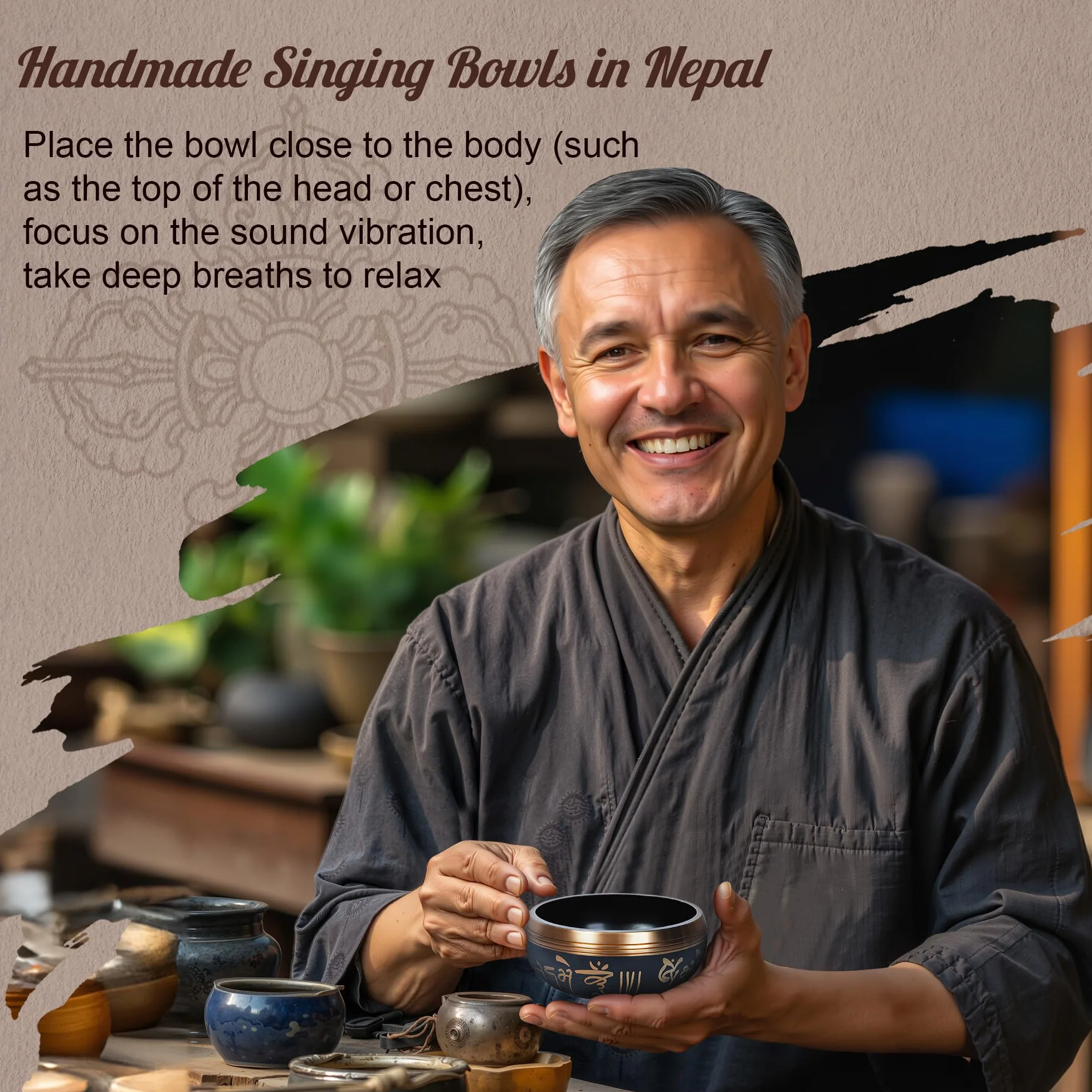 Tybetańska misa dźwiękowa 9 cm, Singing Bowl z perkusją i poduszką, łatwa do gry, ręcznie wykonana w Nepalu, do medytacji i relaksu