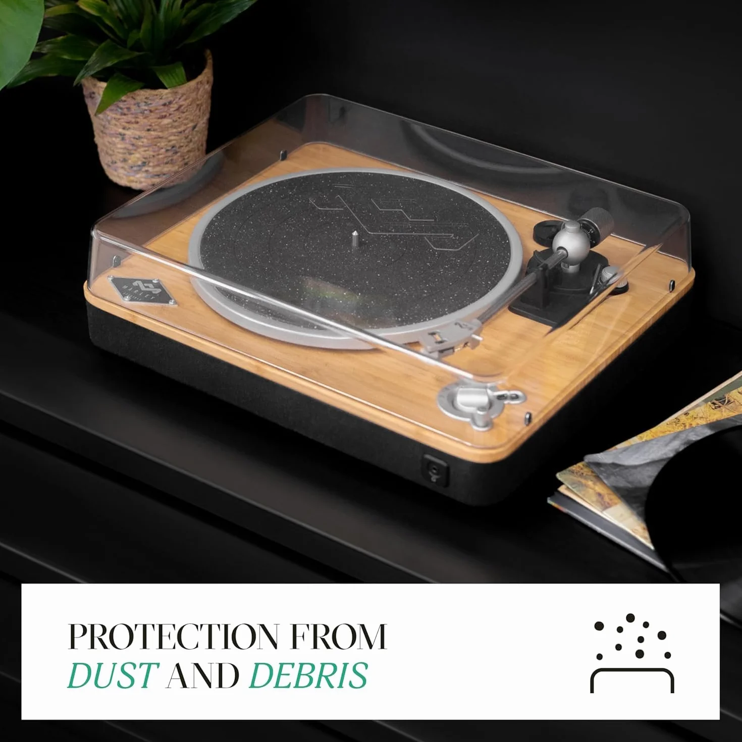 House of Marley Osłona przeciwpyłowa na gramofon z recyklingu, kompatybilna z odtwarzaczami winylowymi, domowymi gramofonami do płyt winylowych, ochrona przed brudem, przezroczysta