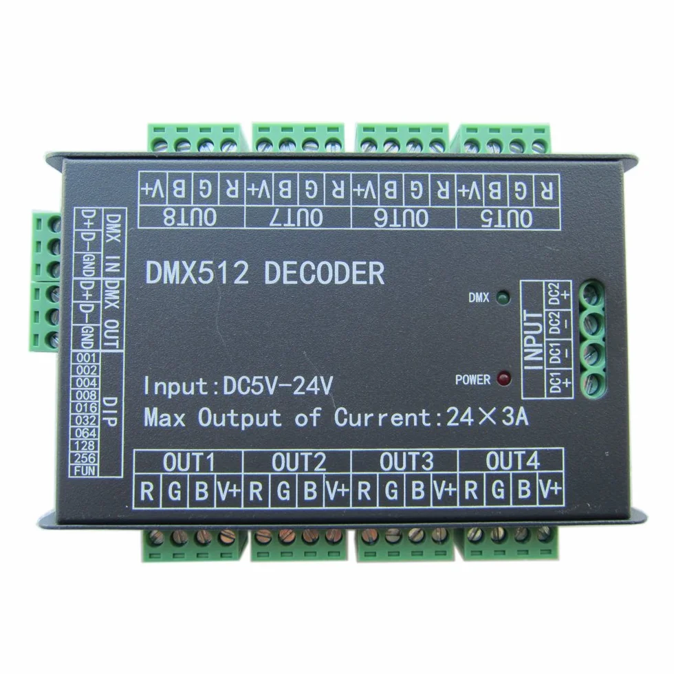 Wysoka moc 24-kanałowy kontroler RGB 3A/CH DMX512 Led dekoder ściemniacz 500Hz bez migotania płynniejsze ściemnianie wskaźnik sygnału DMX funkcja migania DC 5V-24V