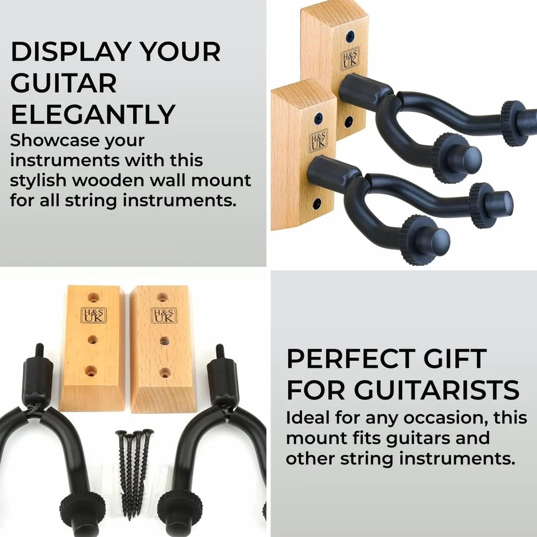H&S Uchwyt do montażu ściennego na gitarę, wieszak na gitarę, uchwyt na hak, montowany na ścianie, stojak wiszący, drewniana podstawa do basowej elektrycznej gitary akustycznej, 2 szt