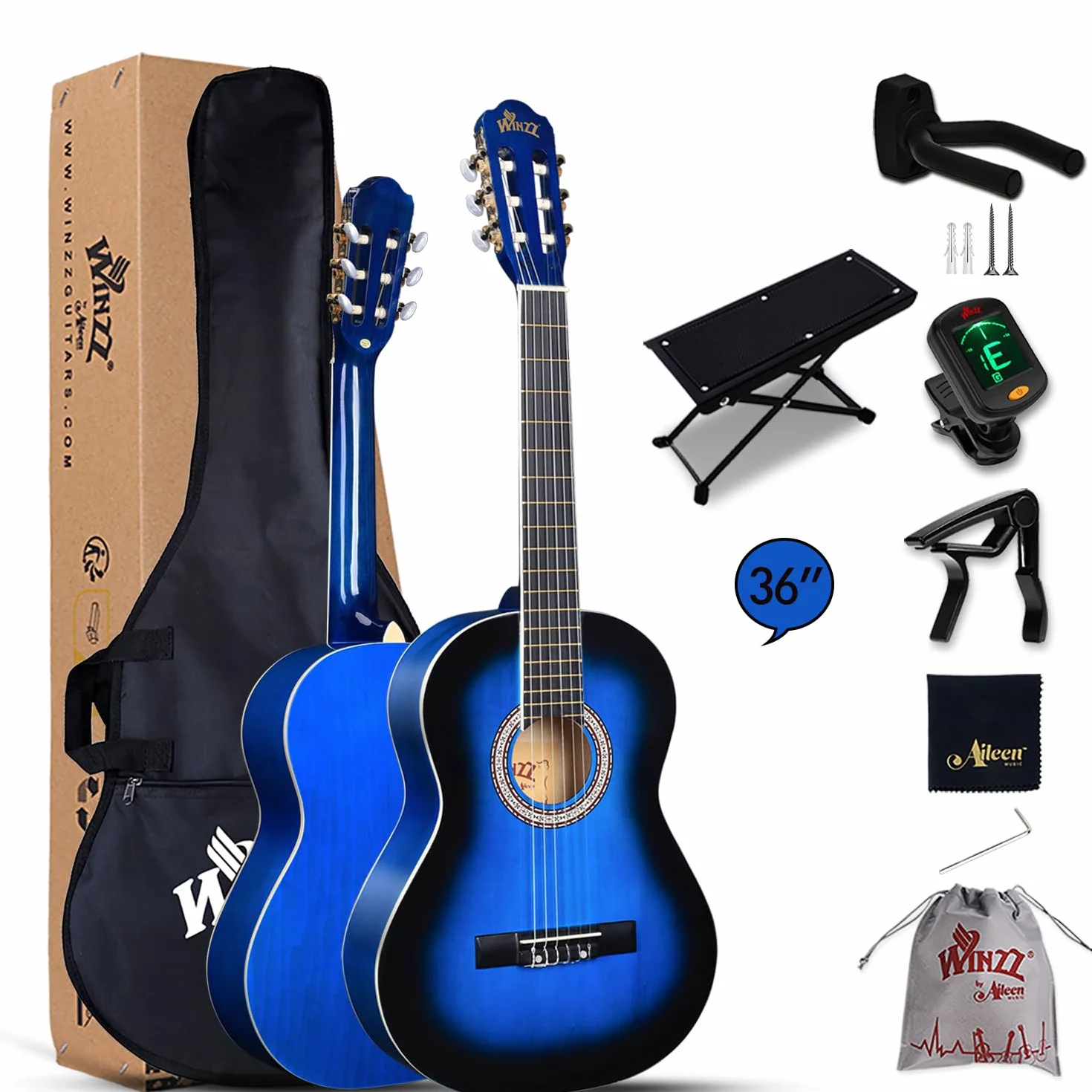 Winzz Gitara koncertowa 3/4, klasyczna gitara dla początkujących zestaw dla dzieci - niebieska błyszcząca (36 cali)