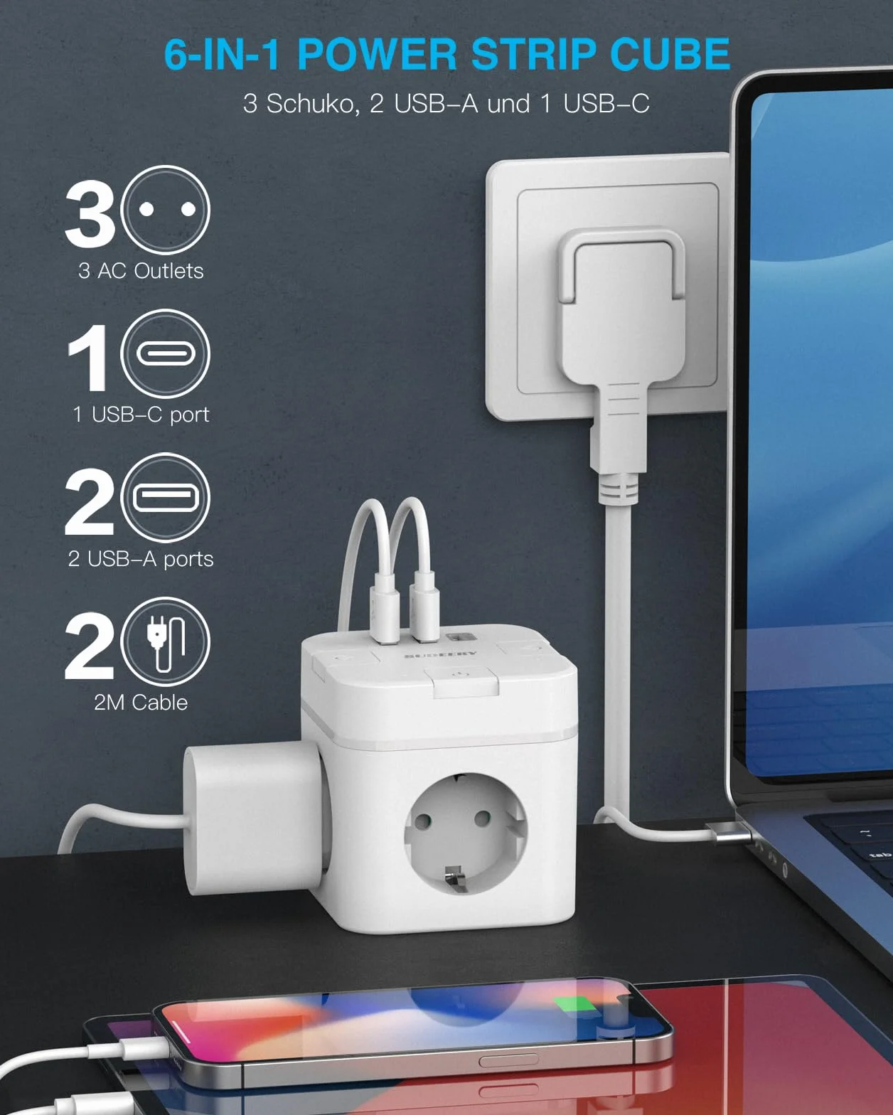 Listwa zasilająca 6 w 1 z gniazdem USB C, 3-krotna listwa zasilająca, płaska wtyczka z pojedynczym przełączaniem, kostki z kablem 2 m, 1 wtyczka USB typu C, do biura, domu, podróży (biała)