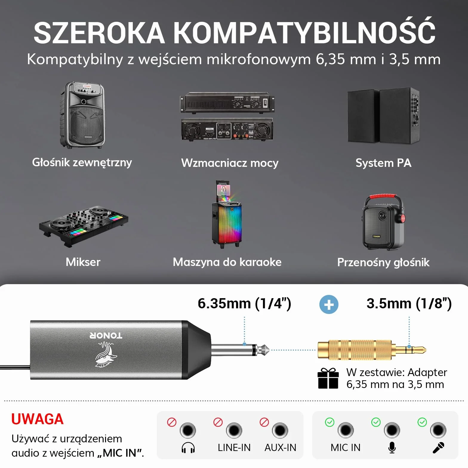 TONOR Bezprzewodowy System Mikrofon Ręczny TW520, Zasięg UHF 60m, Mikrofon do Karaoke