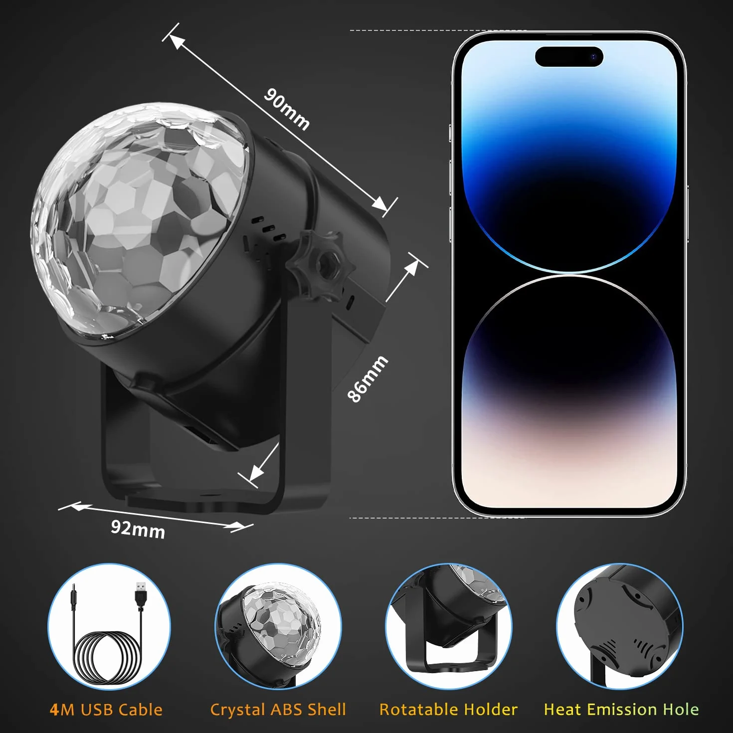 LED Disco Ball Disco, fasetowana kula 3 tryby muzyki, lampa błyskowa z pilotem i kablem USB 4M, obracany 360° lampa disco na imprezę, Boże Narodzenie, bar, klub, DJ, prezent dla dzieci, urodziny