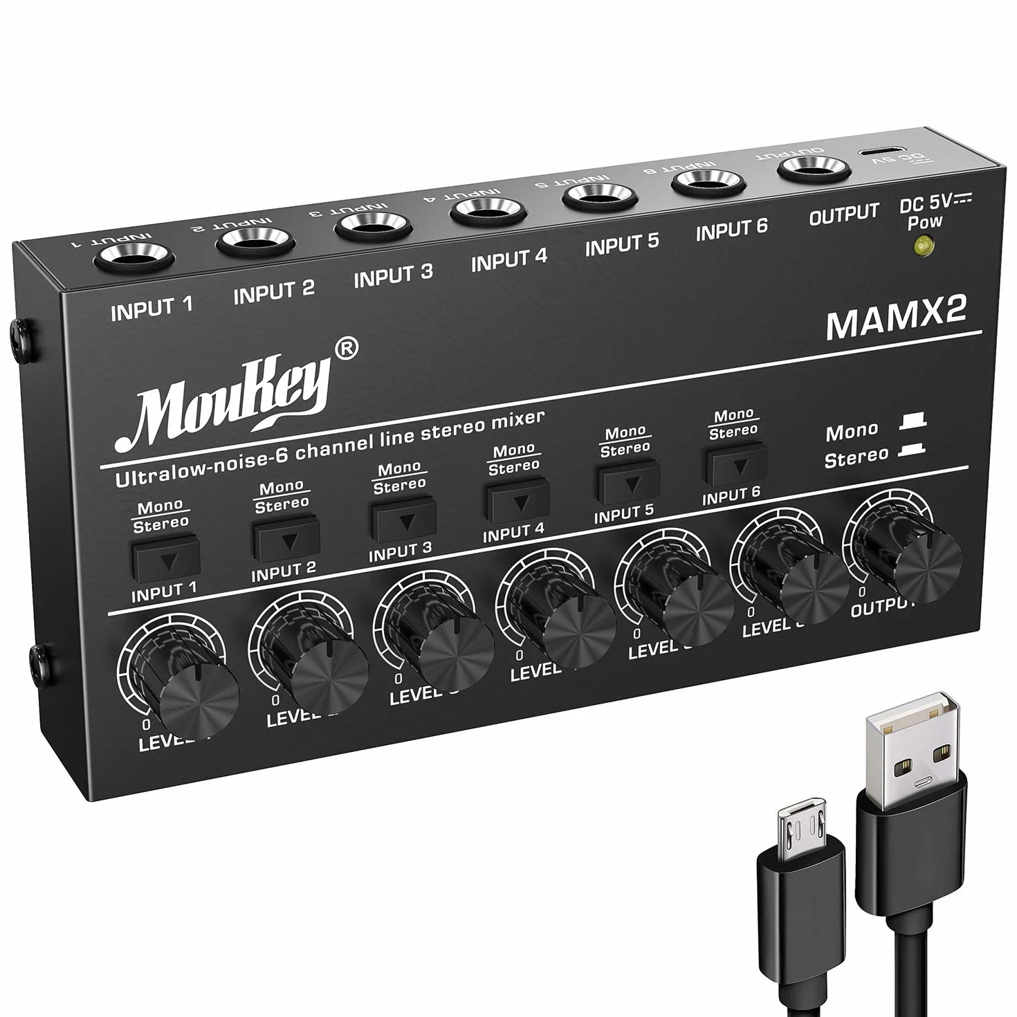 Moukey 6-kanałowy mikser liniowy o bardzo niskim poziomie hałasu do sub-miksowania, DC 5 V 6-stereo, mini mikser audio, idealny do małych klubów lub barów, gitar, basów, klawiatur lub miksera