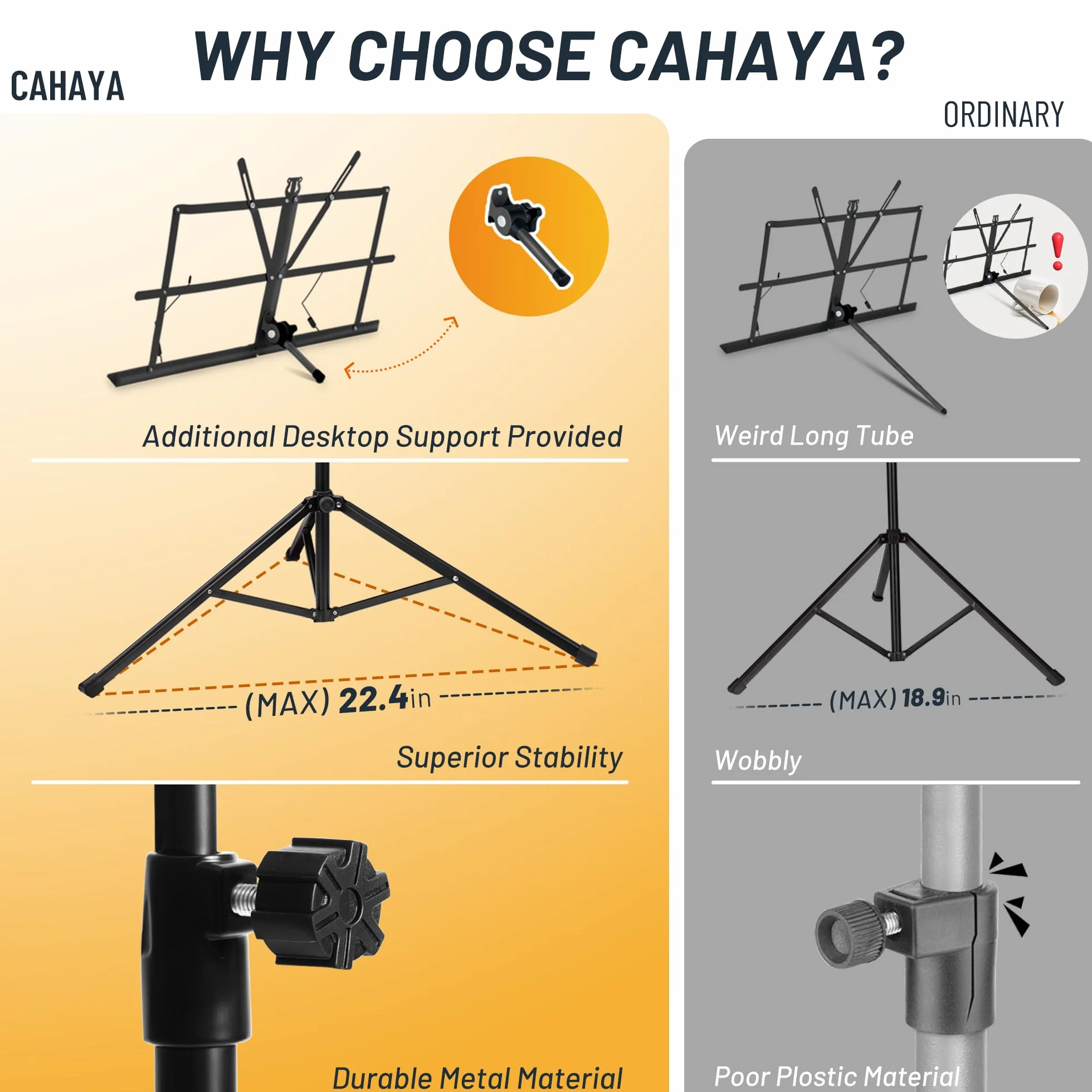CAHAYA Składany stojak muzyczny, regulowany uchwyt na nuty 2 w 1, metalowy, z torbą
