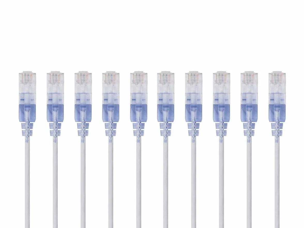 Monoprice Kabel krosowy Ethernet Cat6A, 10 sztuk, Snagless RJ45, 550 MHz, 10G, UTP, czysty drut miedziany, 30AWG, 15 cm, biały - seria SlimRun