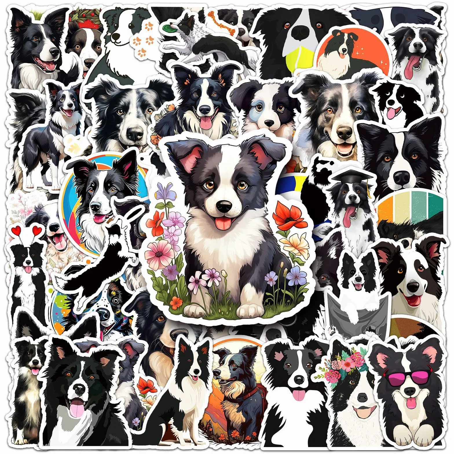Border Collie Wodoodporne winylowe naklejki dla psów, zestaw 50 szt., urocze naklejki dla szczeniaka na laptopa, butelkę z wodą, etui na telefon, bagaż, album do scrapbookingu, prezenty dla miłośników