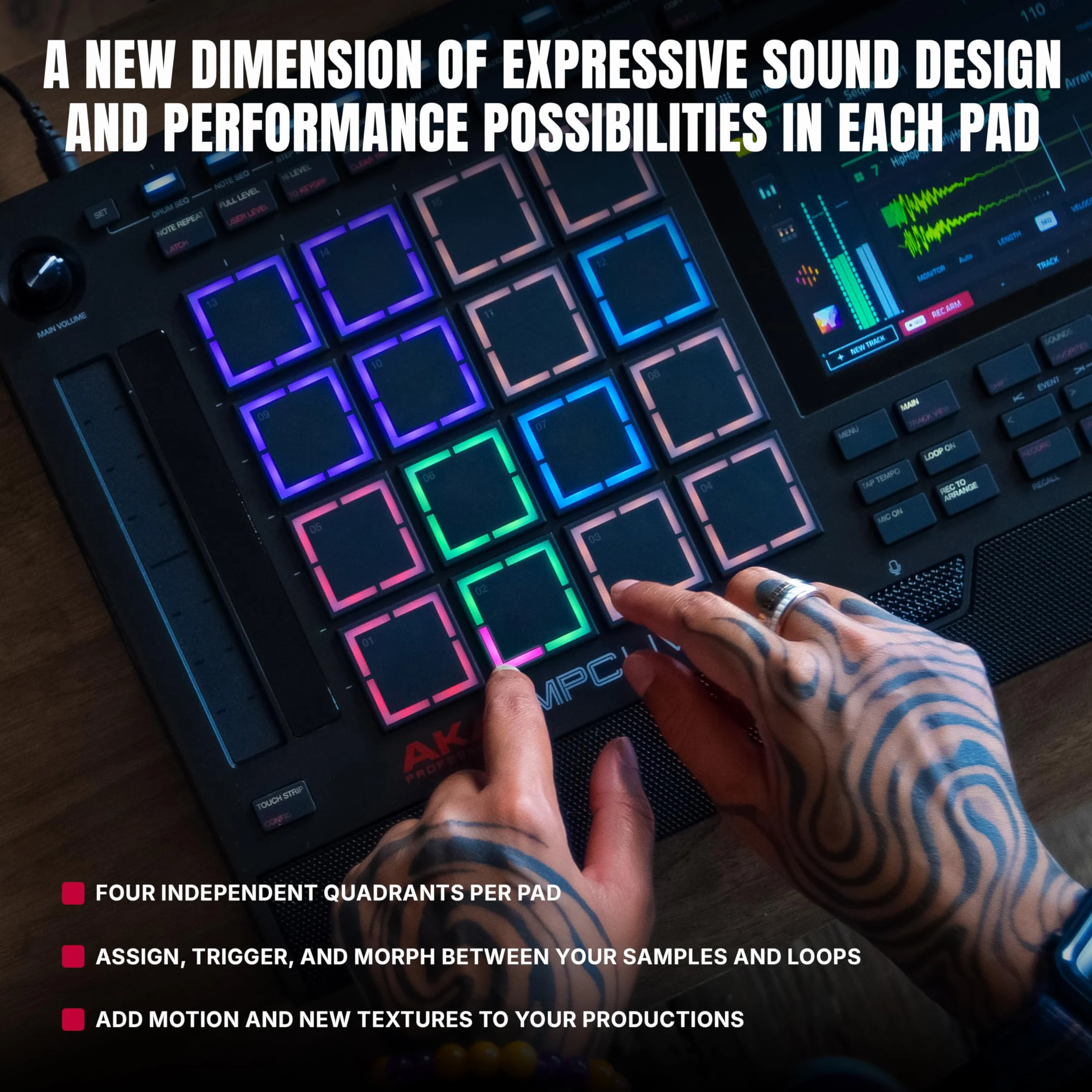 Akai Professional MPC Live III Przenośne centrum produkcji muzycznej z padami MPCe, sekwencerem, ekranem dotykowym, mikrofonem, monitorami, interfejsem audio, Wi-Fi, Bluetooth, baterią, touchstripem