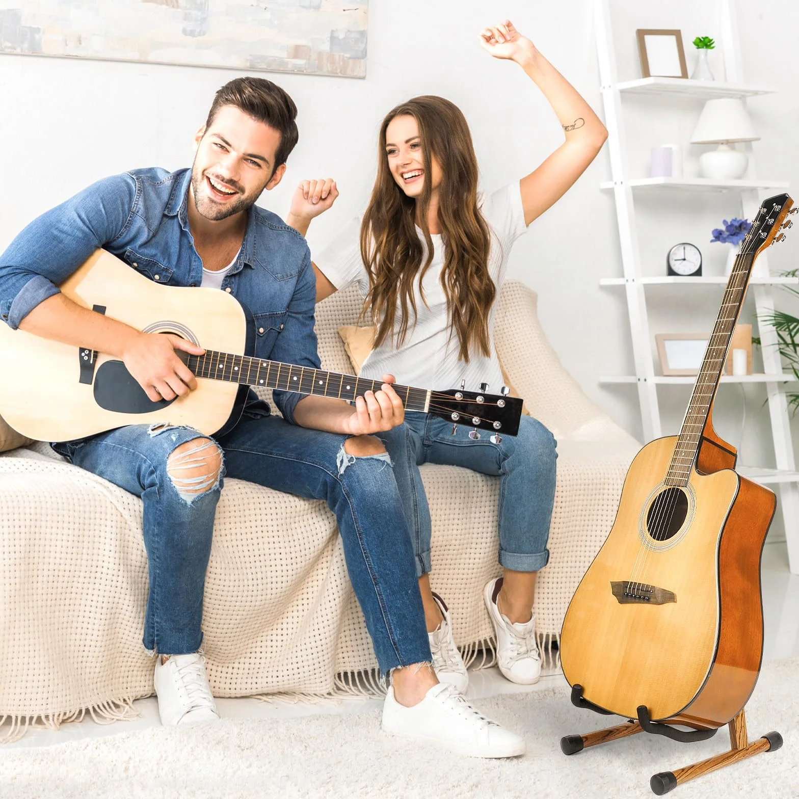 MUSO Stojak na gitarę z naturalnego drewna, składany w kształcie litery A, łatwy montaż i przenośny, do gitary, basu, ukulele, banjo, wiolonczeli, mandoliny, trwały i solidny uchwyt (zebra)