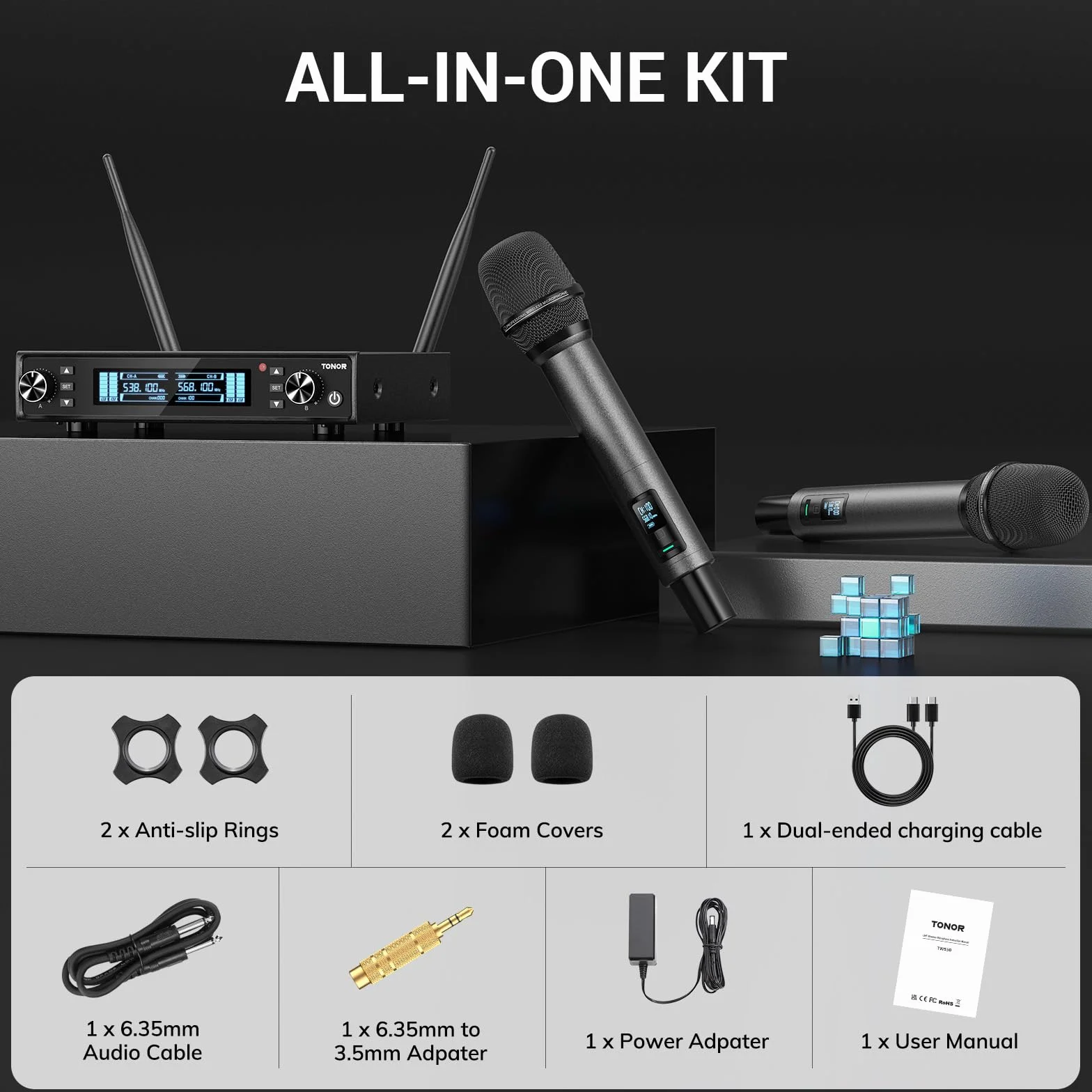 TONOR Bezprzewodowy System Mikrofon Ręczny Inalambrico, Zasięg UHF 80m, 2 * 100 Mikrofony Stabilną Transmisją Karaoke, Slub, Impreza, Kościół, Czytanie, Regulowana Głośność, Szybkie Wyciszenie, TW520