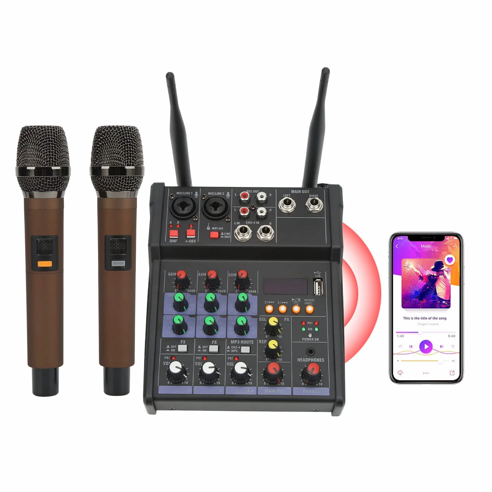 4-kanałowy Mały Mikser Stereo, Mikser Stereo Bluetooth U Disk lub MP3 Play, z 2 Bezprzewodowymi Mikrofonami Ręcznymi, Idealny do Domowego Karaoke, Wesela, Imprezy