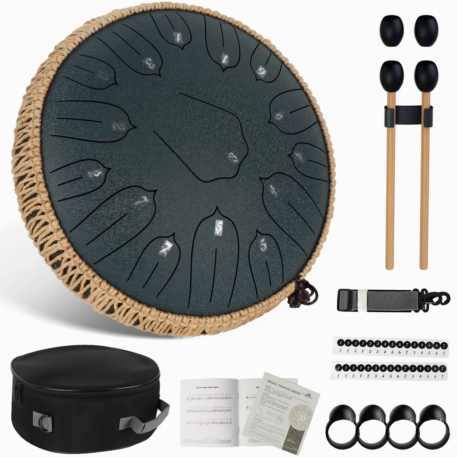 Bęben językowy 30 cm, 15 tonów, stalowy bęben dźwiękowy, D-Dur instrument z pałeczkami dla dzieci, do medytacji, jogi, uzdrawiania dźwięku (granatowy, 35 cm)