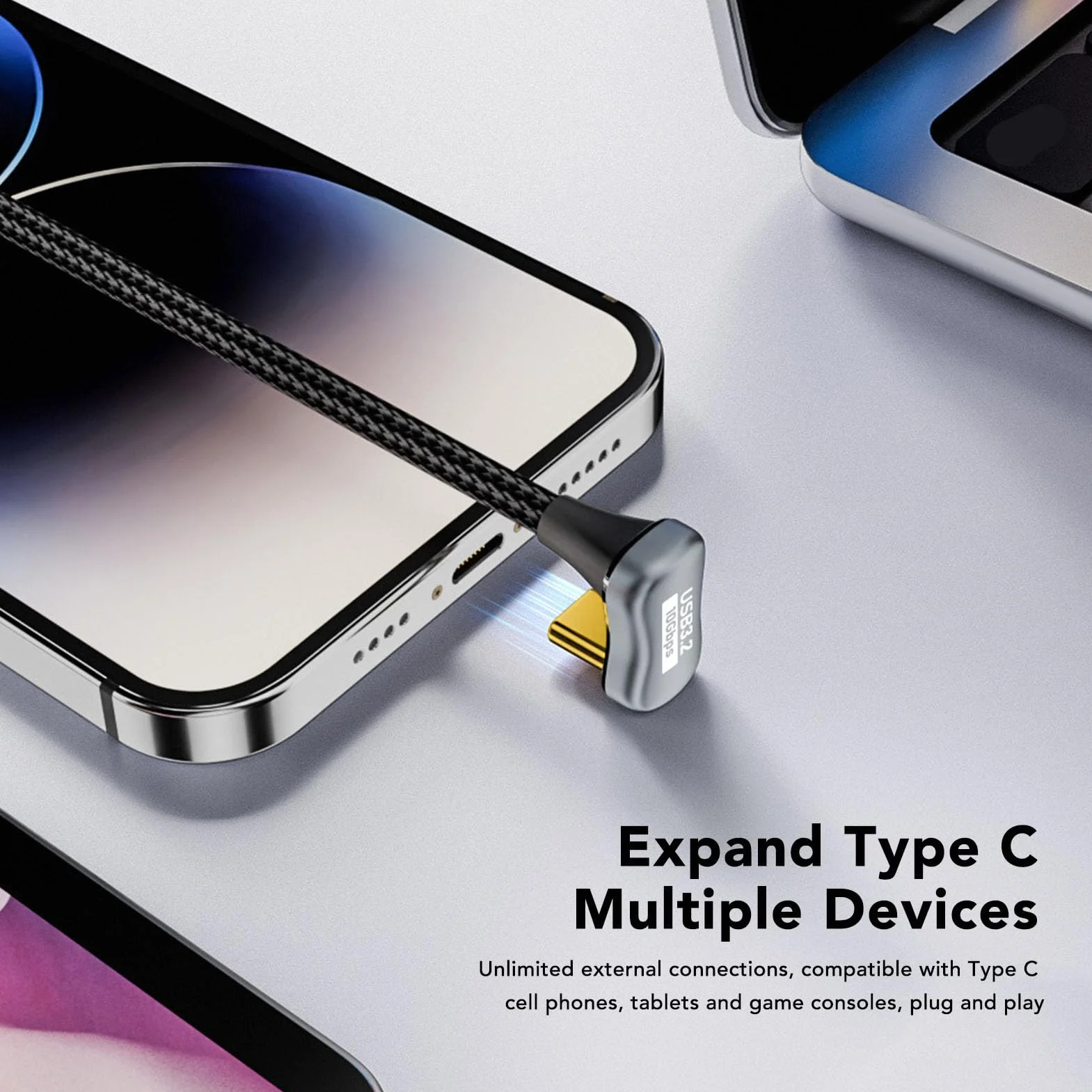 Kabel Przedłużający Typu C, Kabel Danych USB3.2 Gen2 10 Gb/s 4K 60 Hz Kabel Danych Typu C do Typu C Obsługuje Słuchawki z Ekranem Projekcyjnym OTG (50cm)