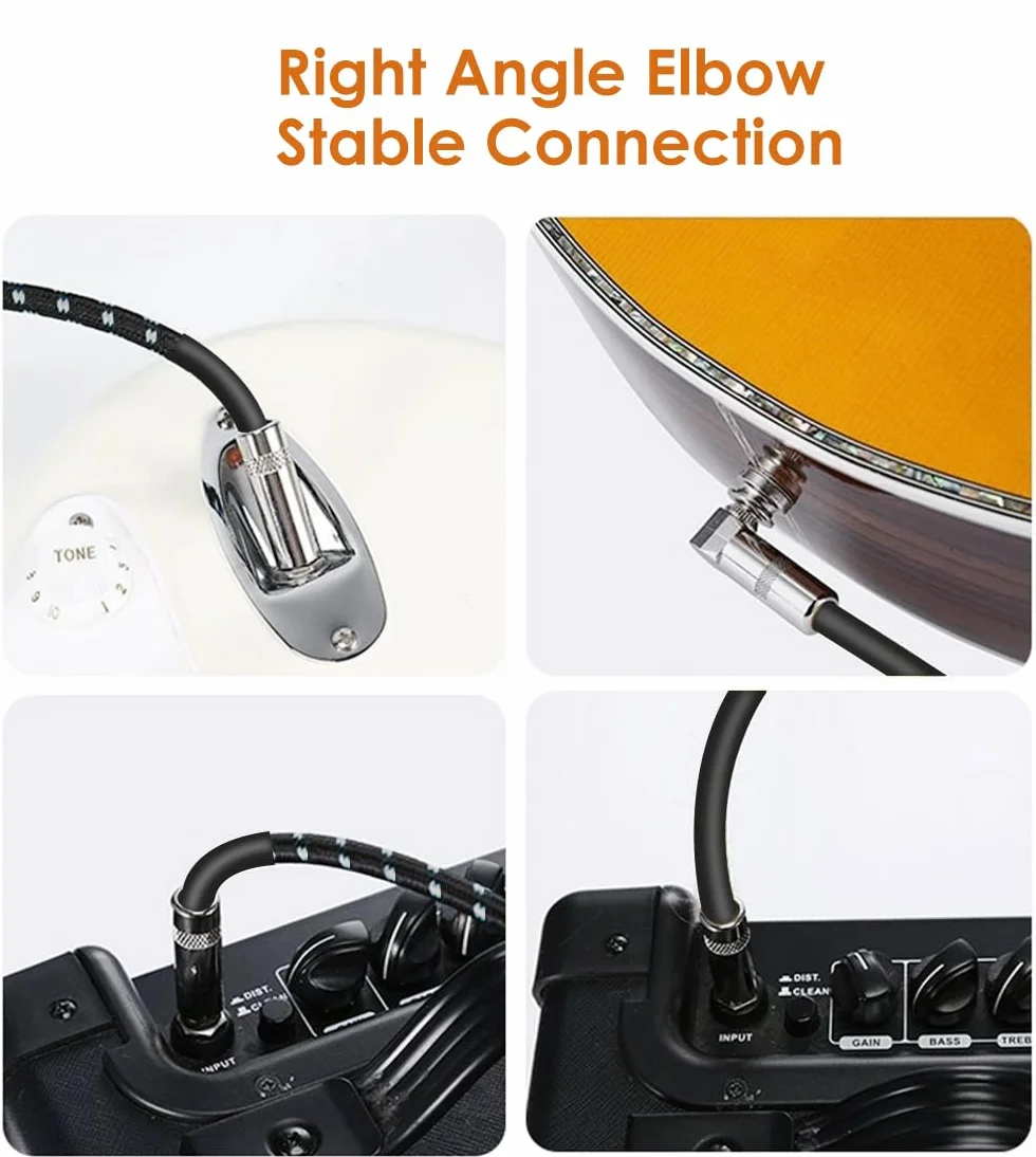 Kabel instrumentalny 3 metry, kabel do gitary elektrycznej TS 6,35 mm do gitary basowej, pleciony kabel jack 6,35 mm, kabel audio pod kątem prostym, czarny biały